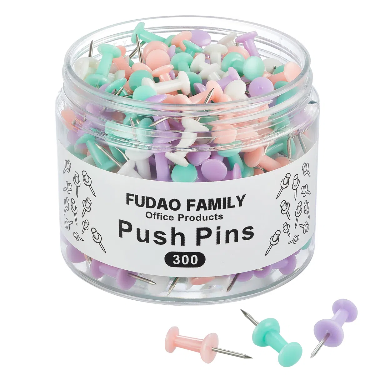 FUDAO FAMILY 300 chinchetas para tablón de anuncios, tachuelas de pulgar para pared, corcho, mapas, hogar, oficina, escuela, proyectos de manualidades, cabeza de plástico, chinchetas de acero
