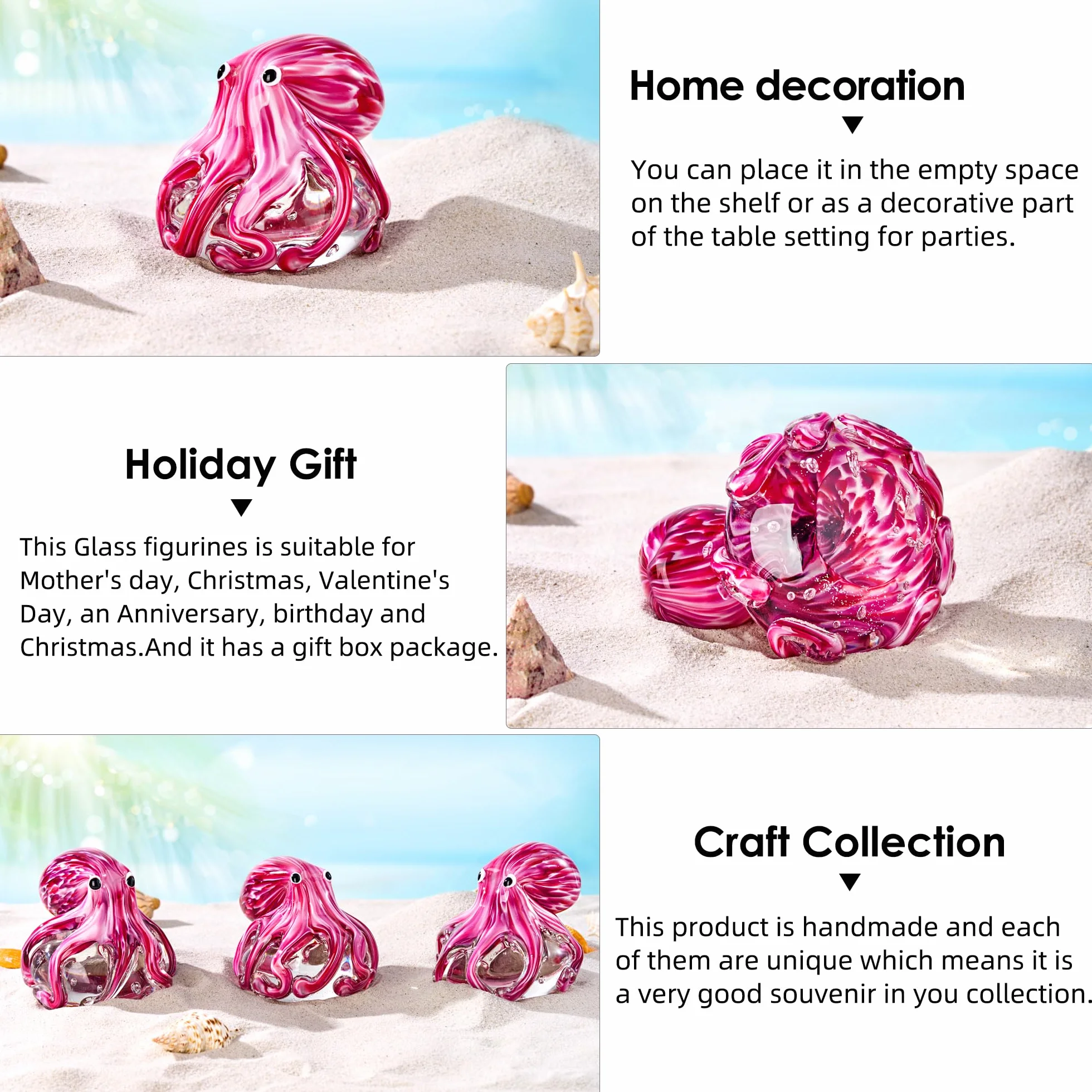 EUSTUMA Figura Decorativa de Pulpo de Vidrio Soplado a Mano, Adorno de Animales Marinos para Acuario, Regalo de Cumpleaños, Pisapapeles de Cristal