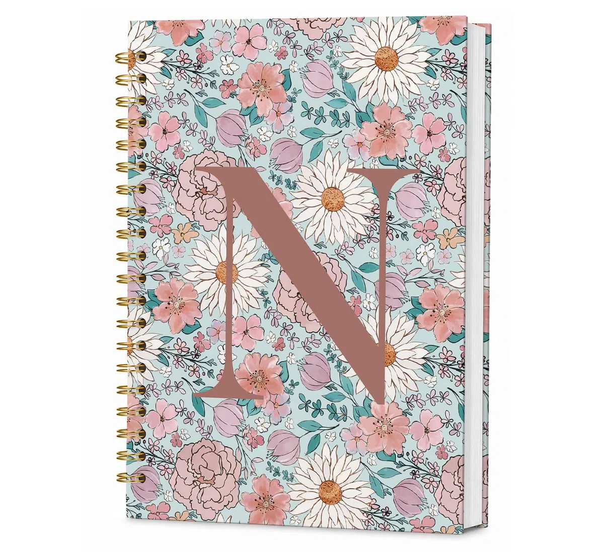 KDHTY Initial N Journal - Cuaderno personalizado en espiral, regalo de flores vintage, cuaderno monogramado para mujeres, adolescentes, niñas, cuaderno de espiral de tapa dura con rayas