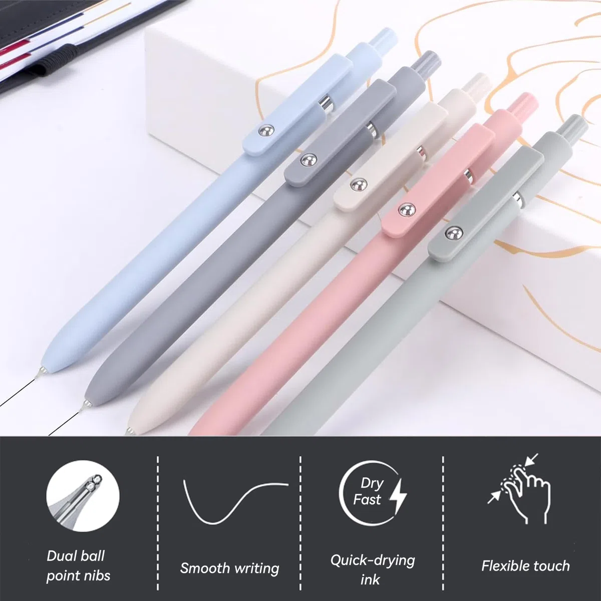 ACEES Bolígrafos de gel, 5 bolígrafos de tinta negra de punta fina de 0,5 mm con escritura suave, bolígrafos de secado rápido para diario, bolígrafos bonitos y estéticos, suministros escolares de