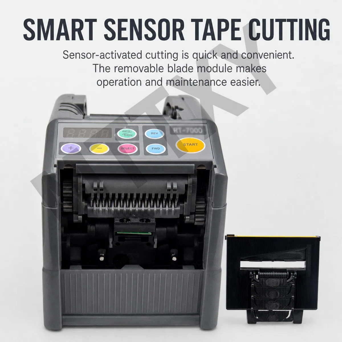 Dispensador Eléctrico de Cinta, 6-60 mm, Auto/Manual | Corte hasta 999 mm con engranaje de silicona antideslizante y pantalla LCD para oficina, almacén y embalaje.