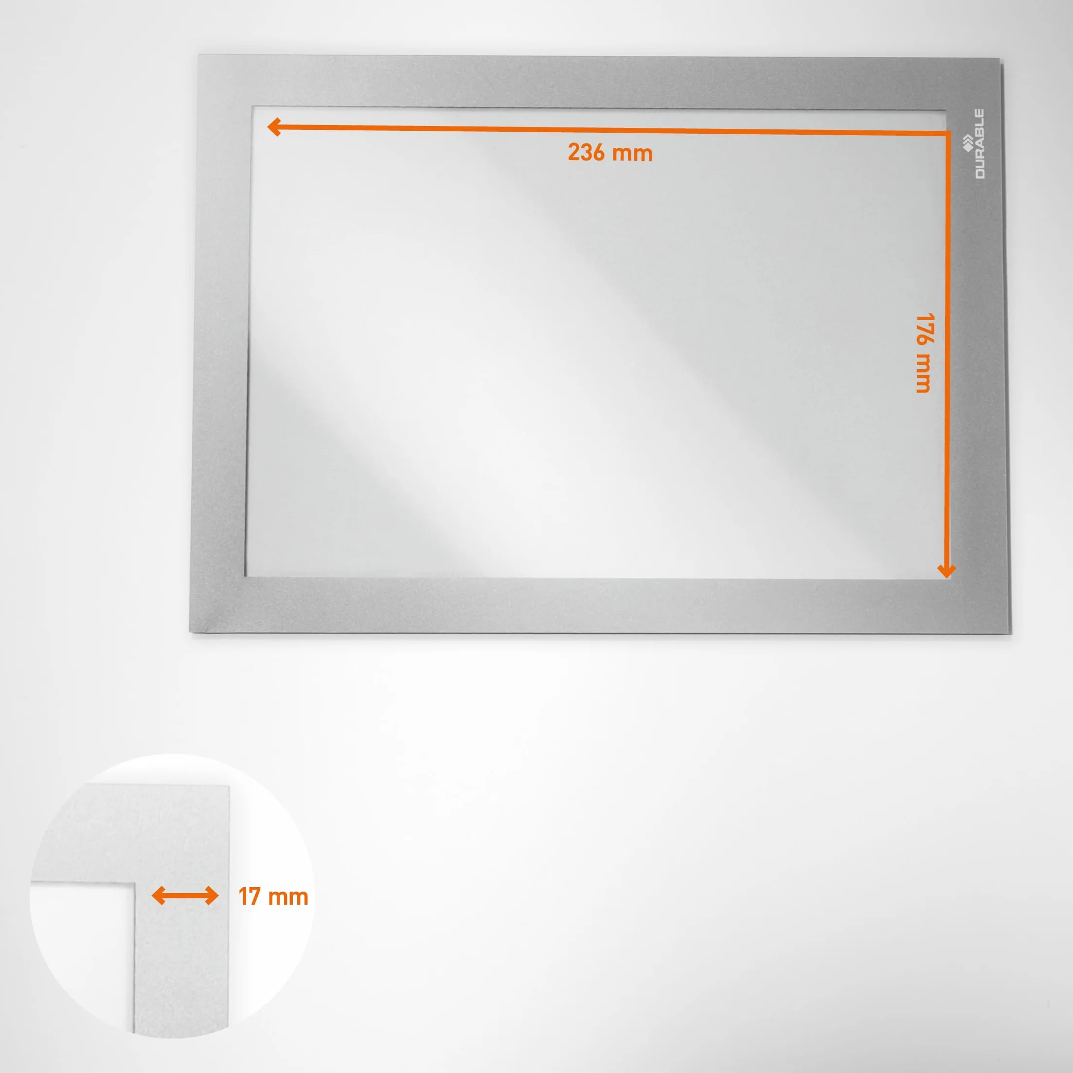 Durable 488123 Marco informativo Duraframe (A5, autoadhesivo con cierre magnético) 10 piezas, plata