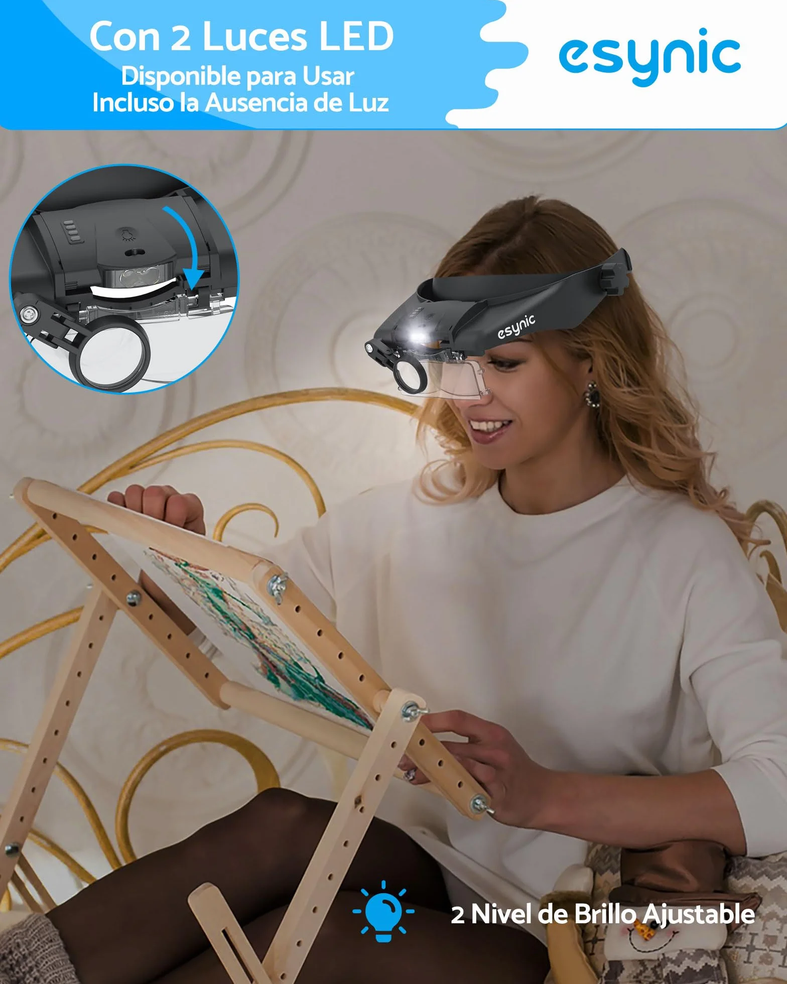 eSynic Gafas de Lupa Recargable con Luz Lupas de Gran Aumento 1.5X-13X con 5 Lentes Ajustable Gafas de Aumento Lupa con Control Táctil e Indicador de Batería para Manualidades,Leer,Coser,Joyería