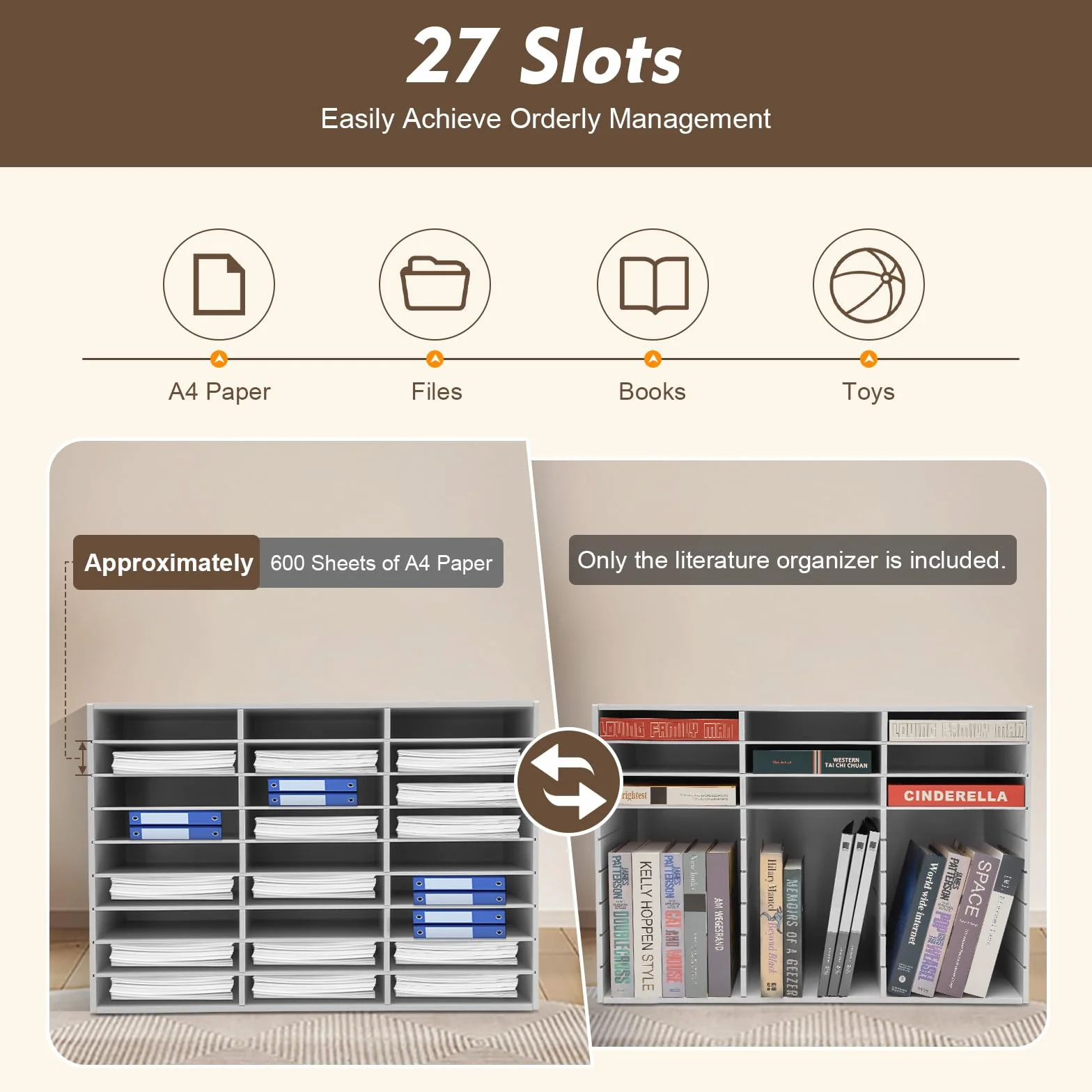 Organizador de documentos de escritorio con 27 compartimentos, almacenamiento de PVC para archivos A4, 80 x 30,7 x 55,1 cm
