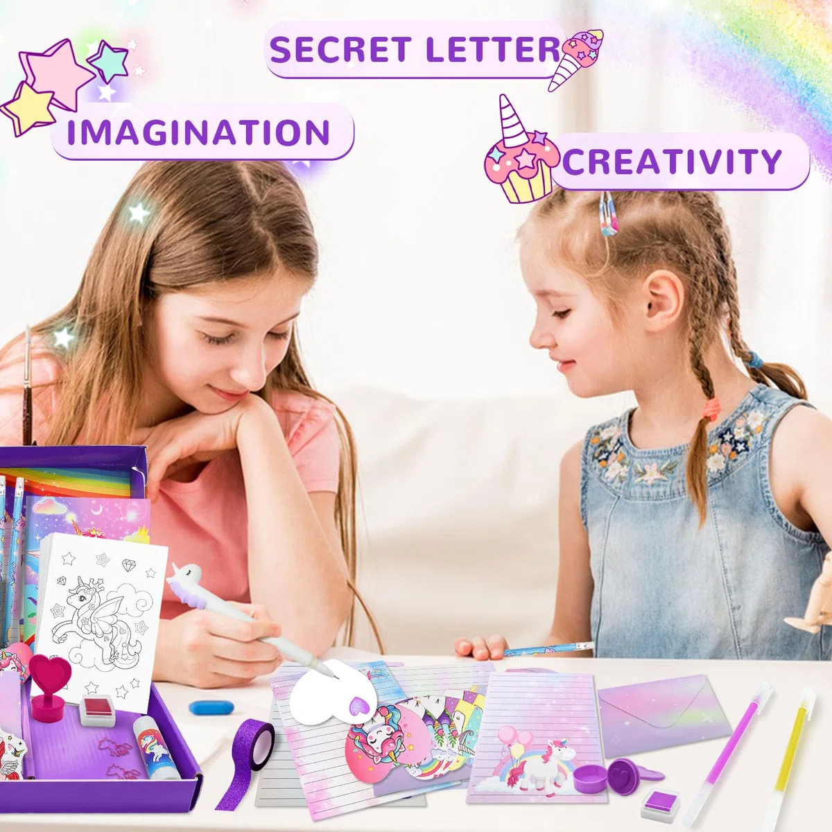 Set de Papeleria Bonita Unicornio, Material Escolar y Papeleria, Regalos de Papelería para Niñas de 6 7 8 9 10 11 12 Años, DIY Regalo para Cumpleaños y Navidad, 124 Piezas, Morado‌