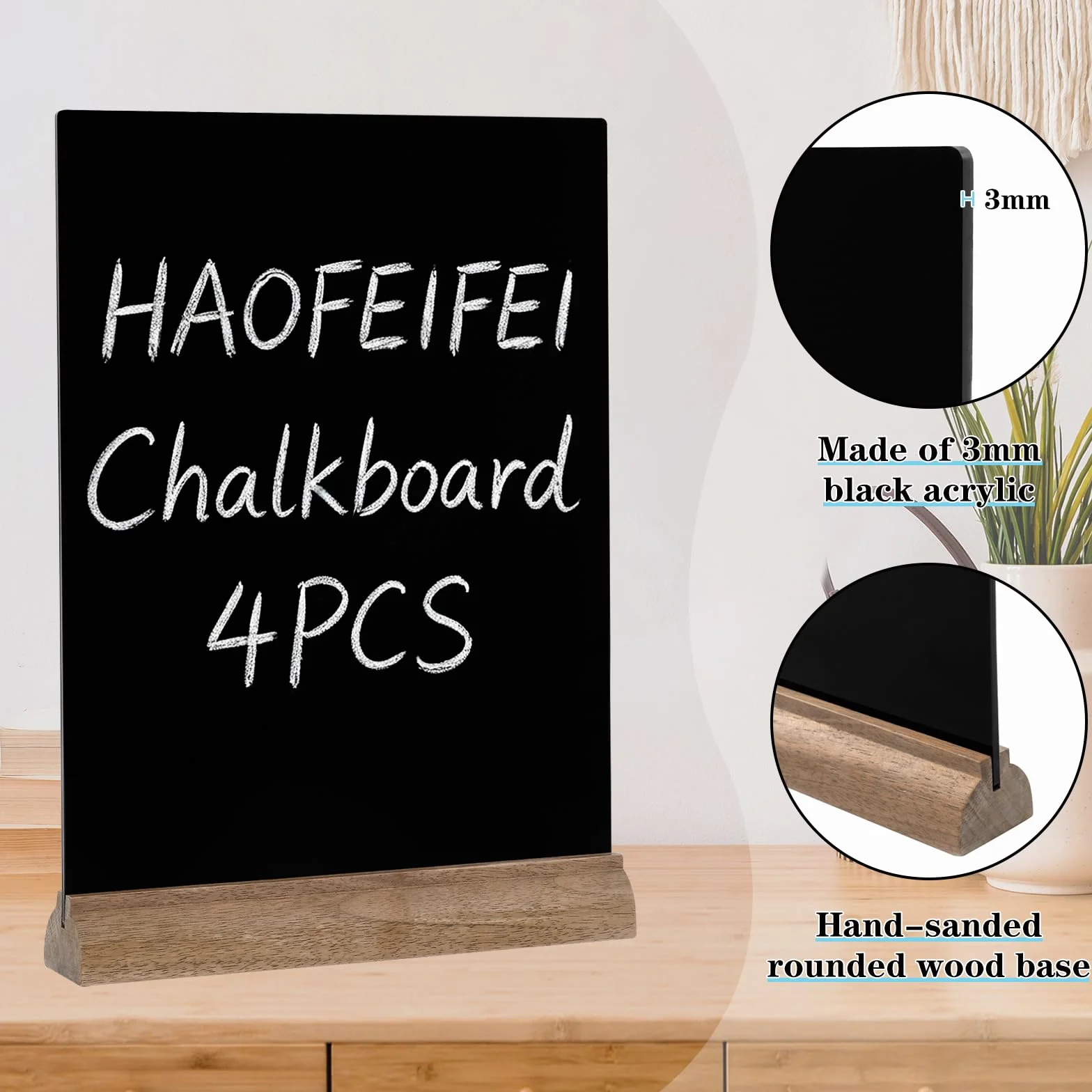 4 Piezas Pizarra Negra A4 Acrílico 3mm con Base Madera, Doble Cara Lisa/Rugosa, Horizontal/Vertical, Borrable Paño Húmedo, Cartel Mesa para Bar Restaurante Tienda