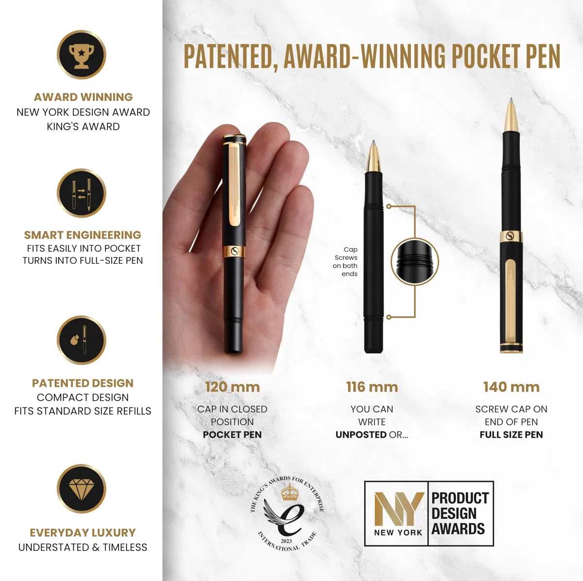Scriveiner Bolígrafo Rollerball EDC Negro de Lujo, Chapado en Oro Auténtico, Recambio Schmidt Alemán