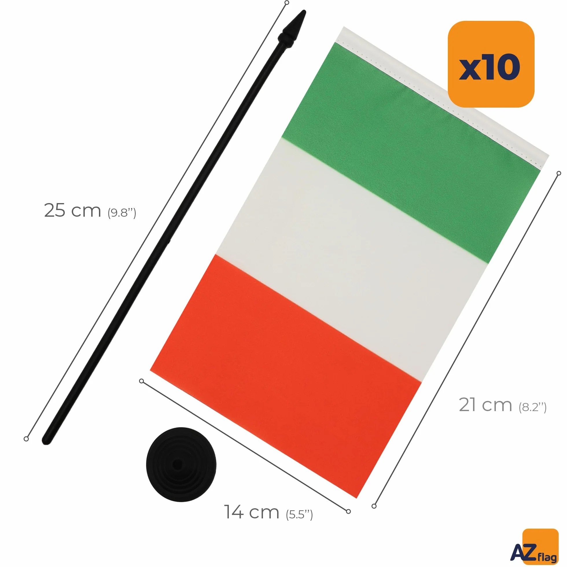AZ FLAG - 10 banderas italianas de oficina, 100% poliéster con mástil de 25 cm y base de plástico negro