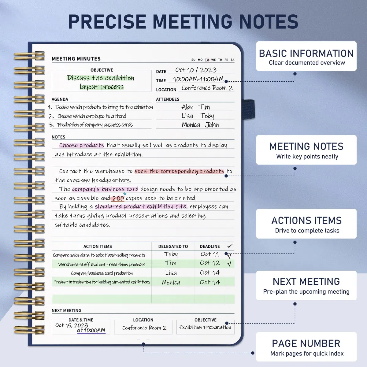 WEMATE Cuaderno de reuniones para el trabajo B5 (7 x 10 pulgadas), cuaderno de trabajo de piel sintética con agenda, artículos de acción y notas, 200 páginas para hombres y mujeres, personal y