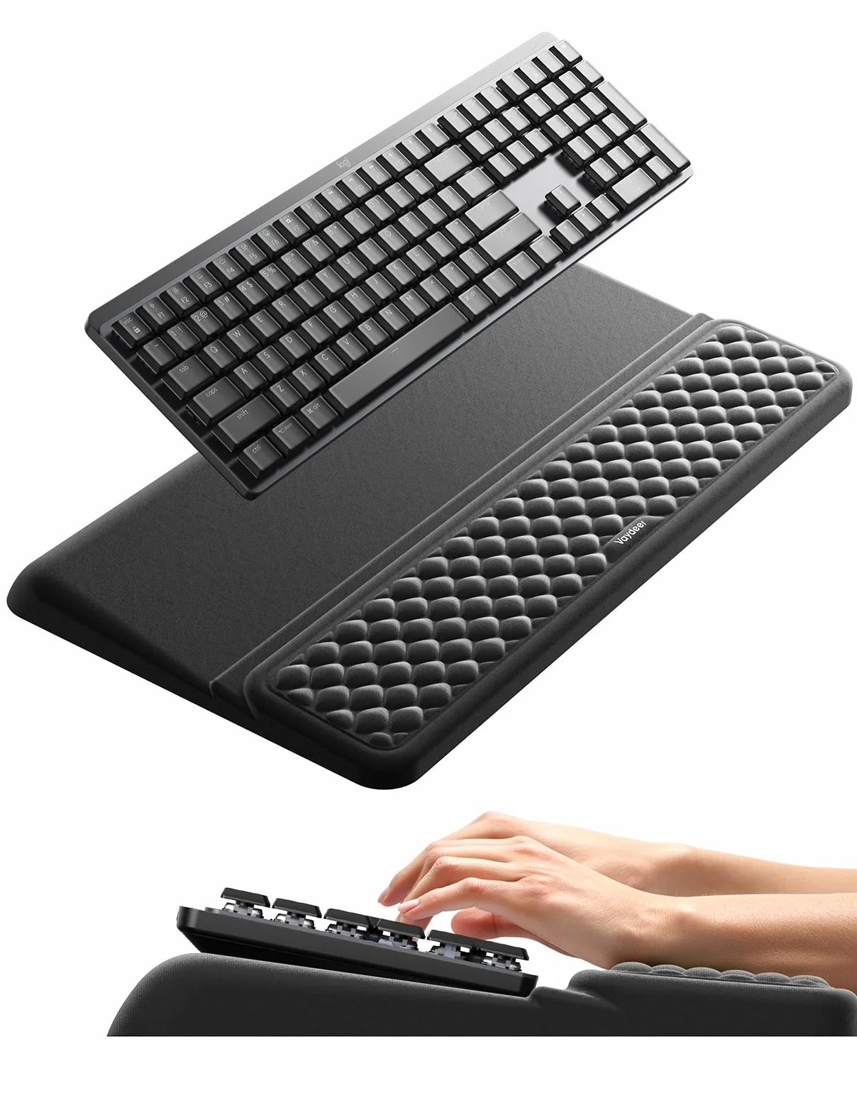 VAYDEER Reposamuñecas Ergonómico para Teclado – Soporte 2 en 1 con Elevador y Almohadilla de Espuma Viscoelástica, Base Antideslizante, Ideal para Oficina, Portátil y Gaming – Negro