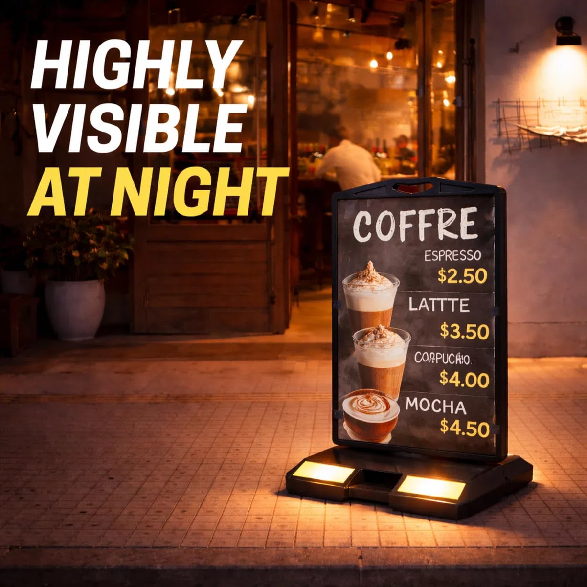 Cartel publicitario tipo A de doble cara 61 x 91 cm, resistente a la intemperie con base rellenable de agua, para restaurantes, cafeterías, promociones y eventos