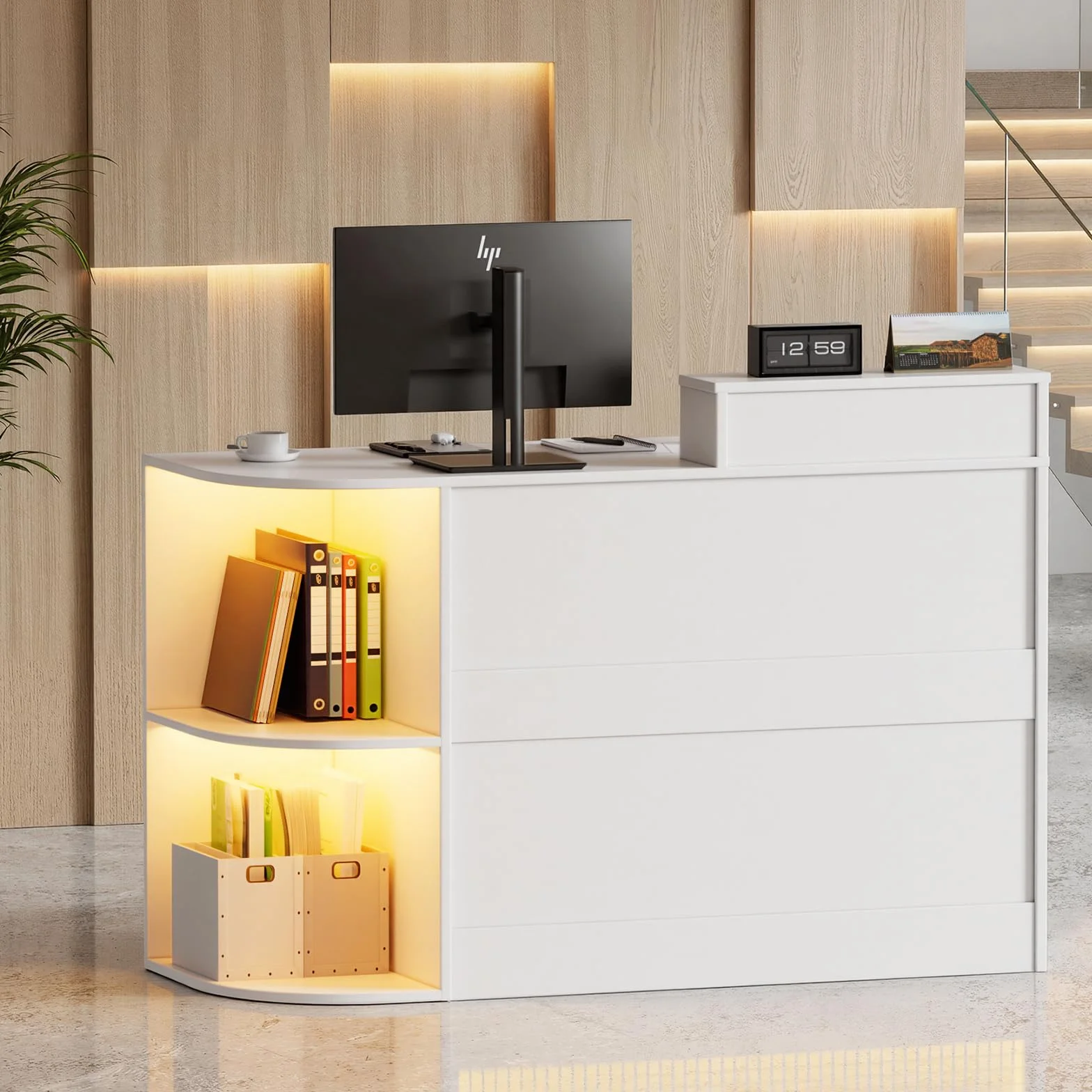 Mostrador de Recepción con LED, 120x102.5x48cm, Mostradores Recepcion Forma L con Cajón para Teclado | Cajón | Armario, Mostradores para Tiendas Escritorio de Recepción Moderno para Oficina, Salón