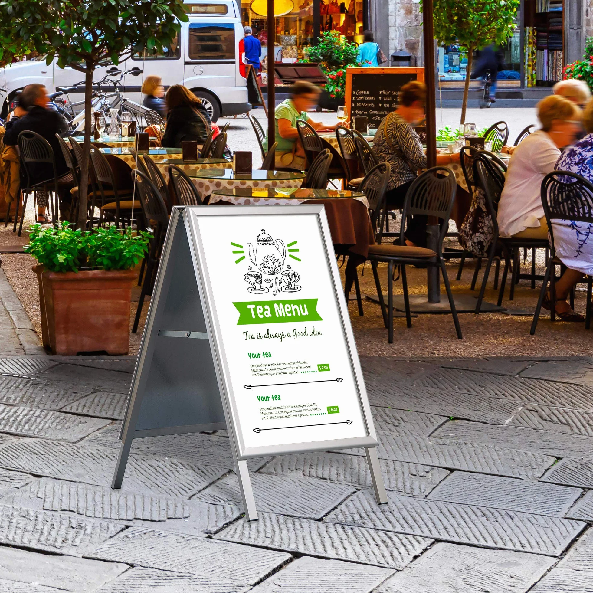 Publicidad exterior a la intemperie A1 | porta carteles con perfil de 32 mm para carteles DIN A1 | caballete pizarra con orificios de drenaje de agua incl. 2 láminas PET