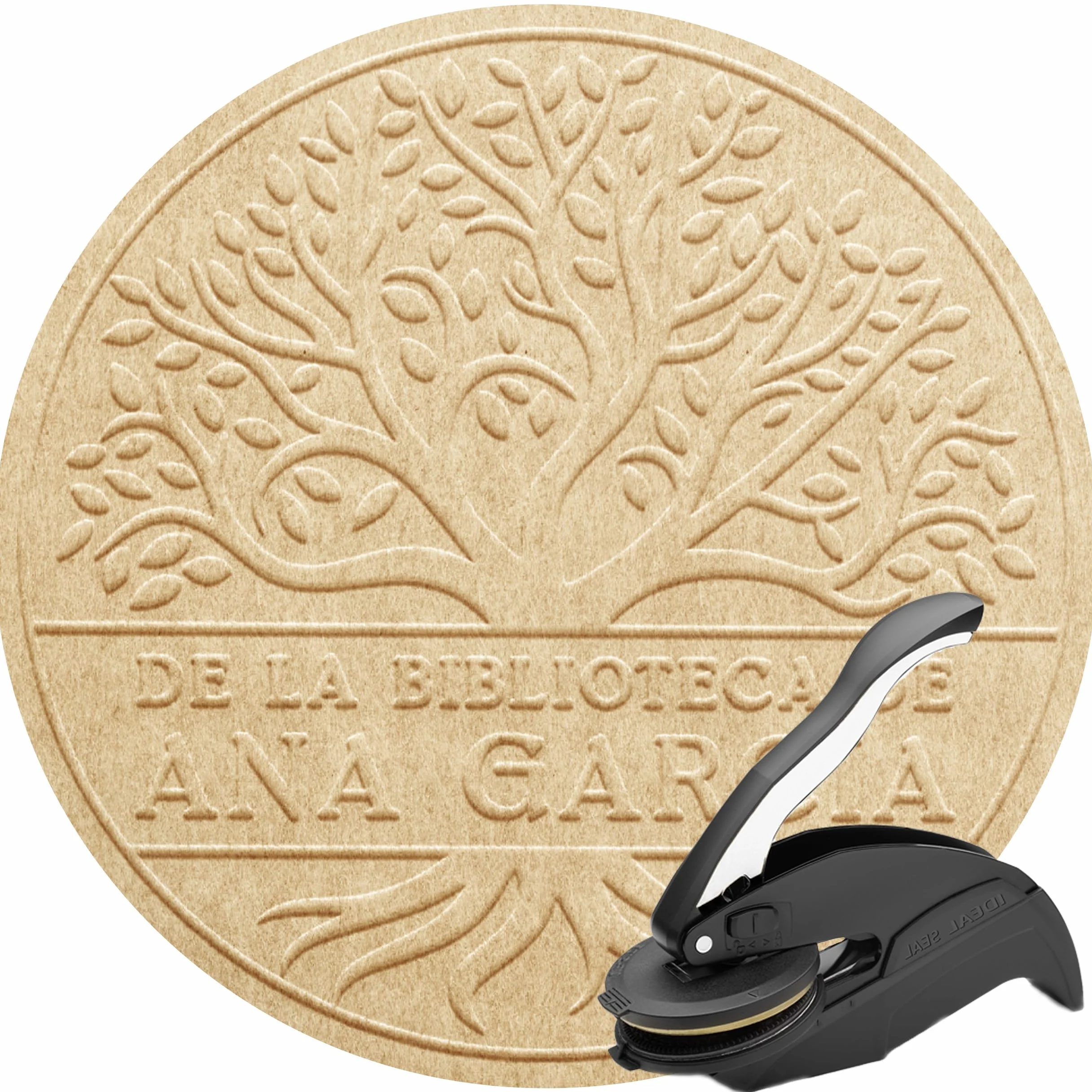 Stamp by Me – Sello para Libros en Relieve Personalizado | 5 Diseños Personalizables con Nombre | Embosador de Libros Ex Libris | Tamaño 10 x 10 cm | Diámetro de 40 mm | Marcador en Seco Elegante