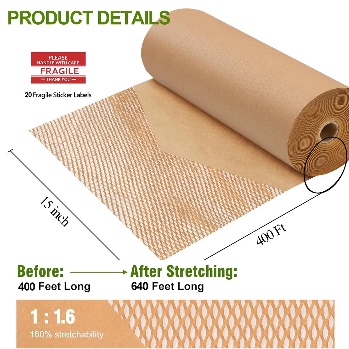 Papel de embalaje de panal, 15 x 400 pies, alternativa sostenible a la amortiguación de burbujas, papel de embalaje para mudanzas, envíos, embalaje, rollo con 20 calcomanías frágiles, biodegradables y