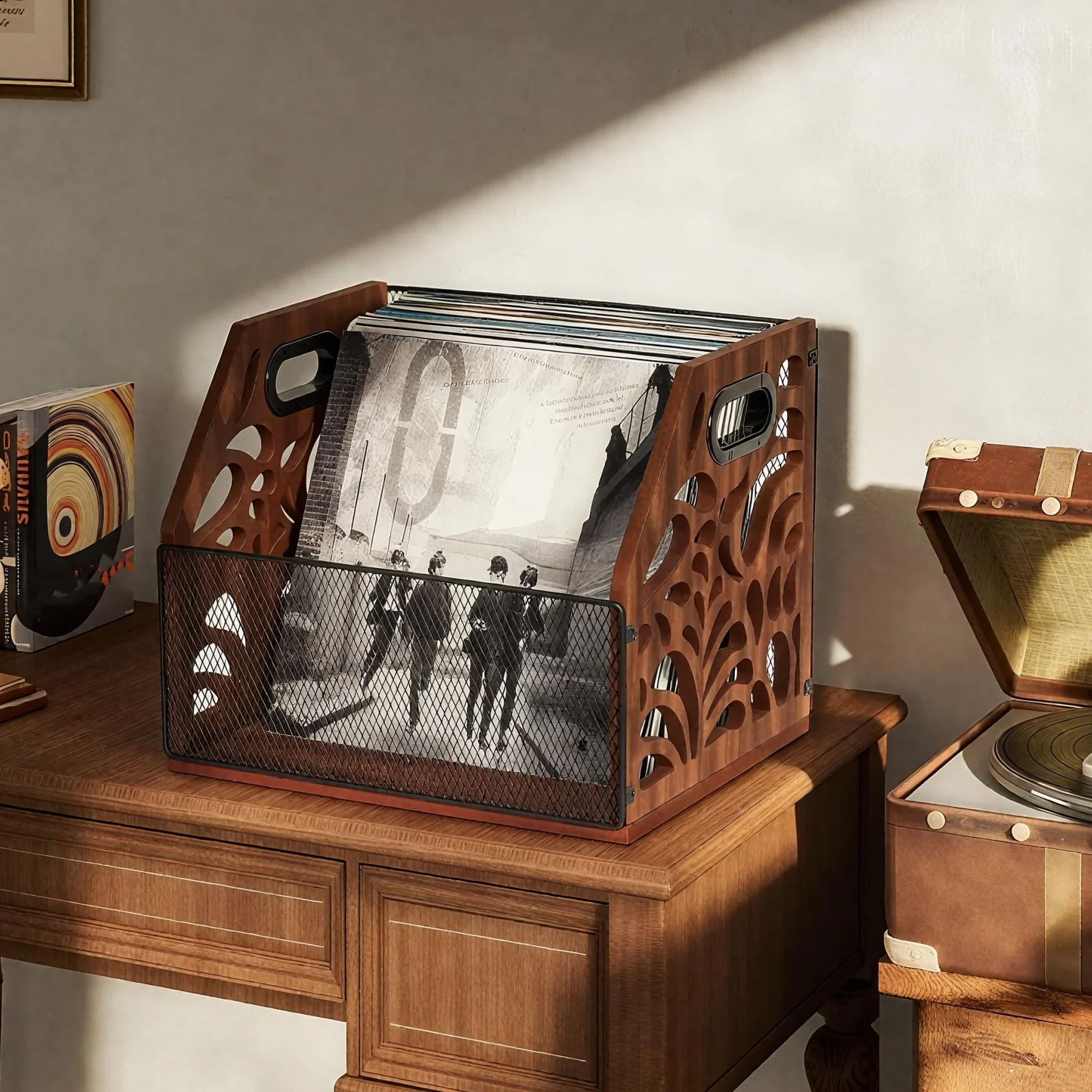 Soporte para discos de vinilo, estilo vintage, de madera, soporte para discos de vinilo para 70 LP, también para álbumes, revistas, libros, archivos, periódicos