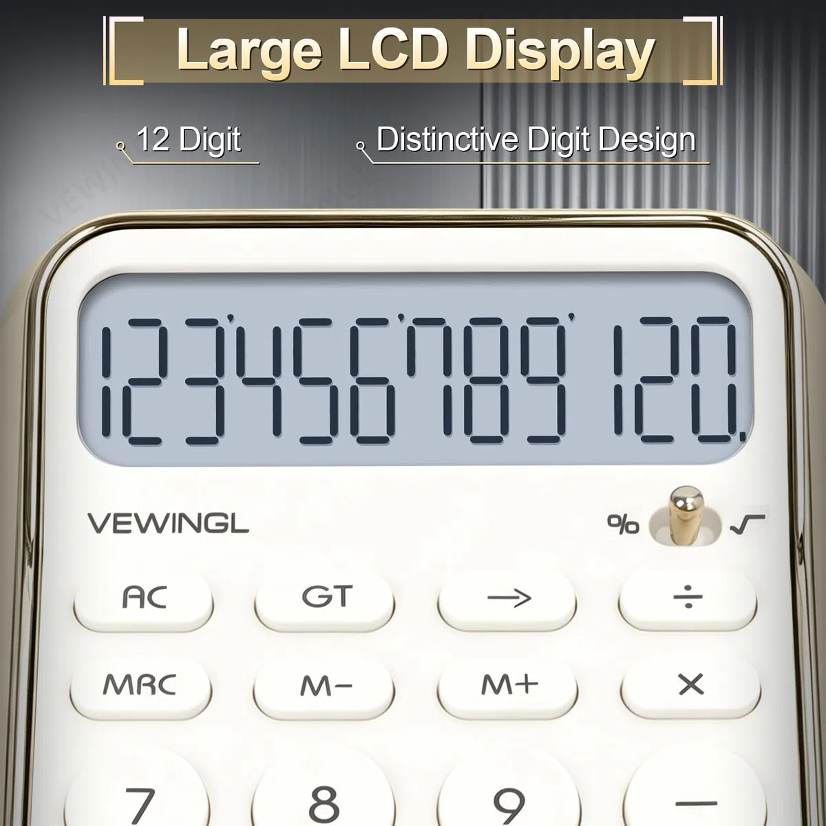 VEWINGL Calculadora de escritorio, pantalla HD de 12 dígitos con % de tecla, superficie metálica chapada al vacío, ideal para oficina, escuela u hogar (blanco galvanizado, sin voz)
