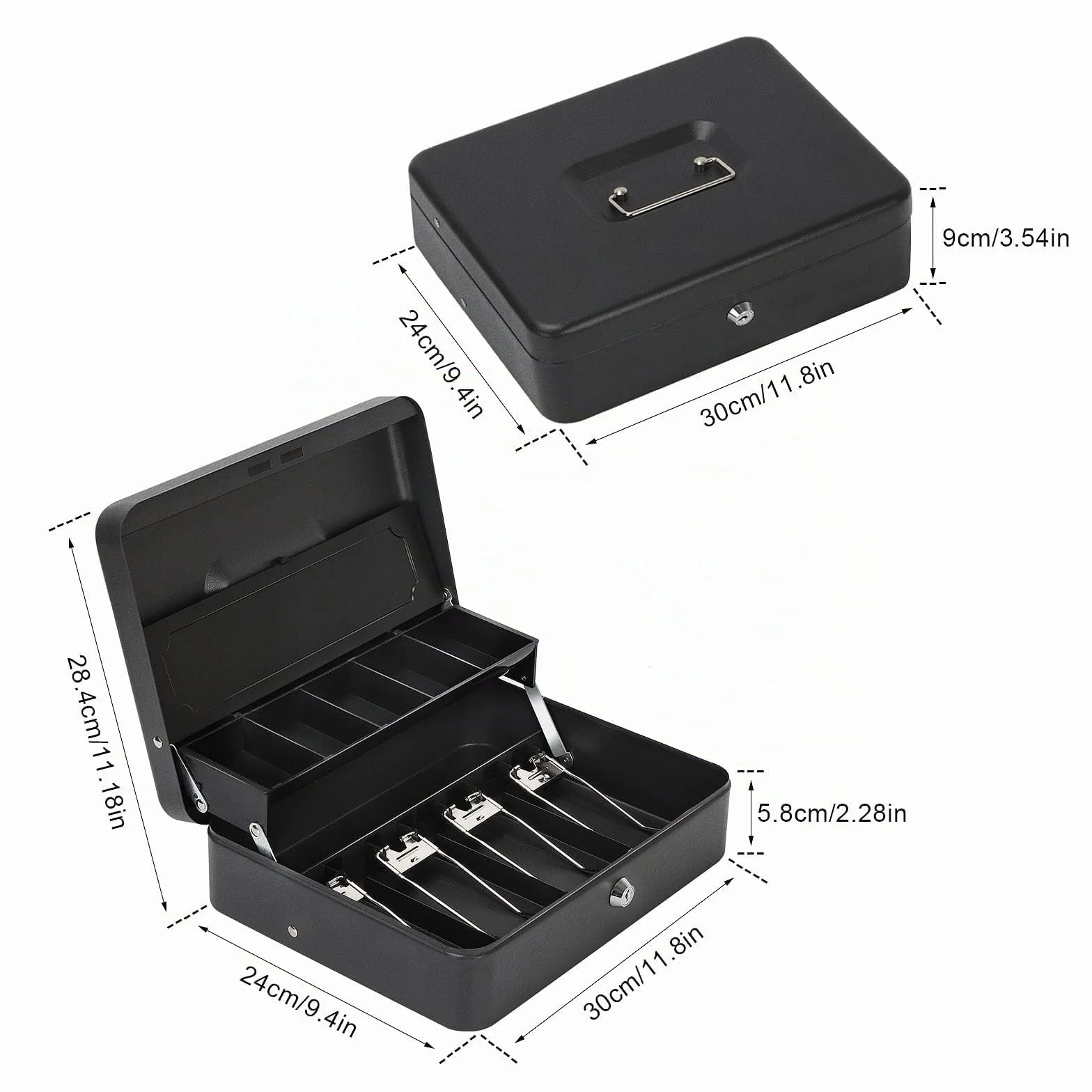 HAITRAL Caja Dinero con Llave, Caja de Seguridad de Metal, Caja de efectivo bloqueable, con 5 Compartimentos Monedas y 4 Compartimentos Billetes, Caja fuerte portatil, 30 x 24 x 9 cm, Negro