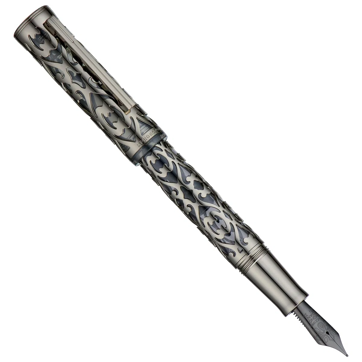 Hongdian D1 - Pluma estilográfica de émbolo, plumín fino y suave, esqueleto hueco negro azabache y pluma de resina, juego con estuche de metal