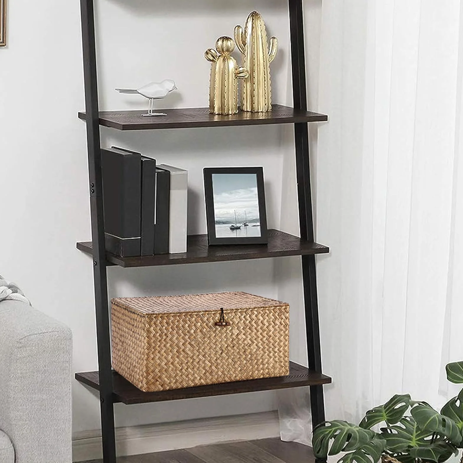 IGNPION - Cesta de almacenamiento de mimbre con tapa, cesta de escritorio de mimbre trenzado, rectangular, organizador de baño, caja decorativa para debajo de los estantes de la sala de estar, cesta