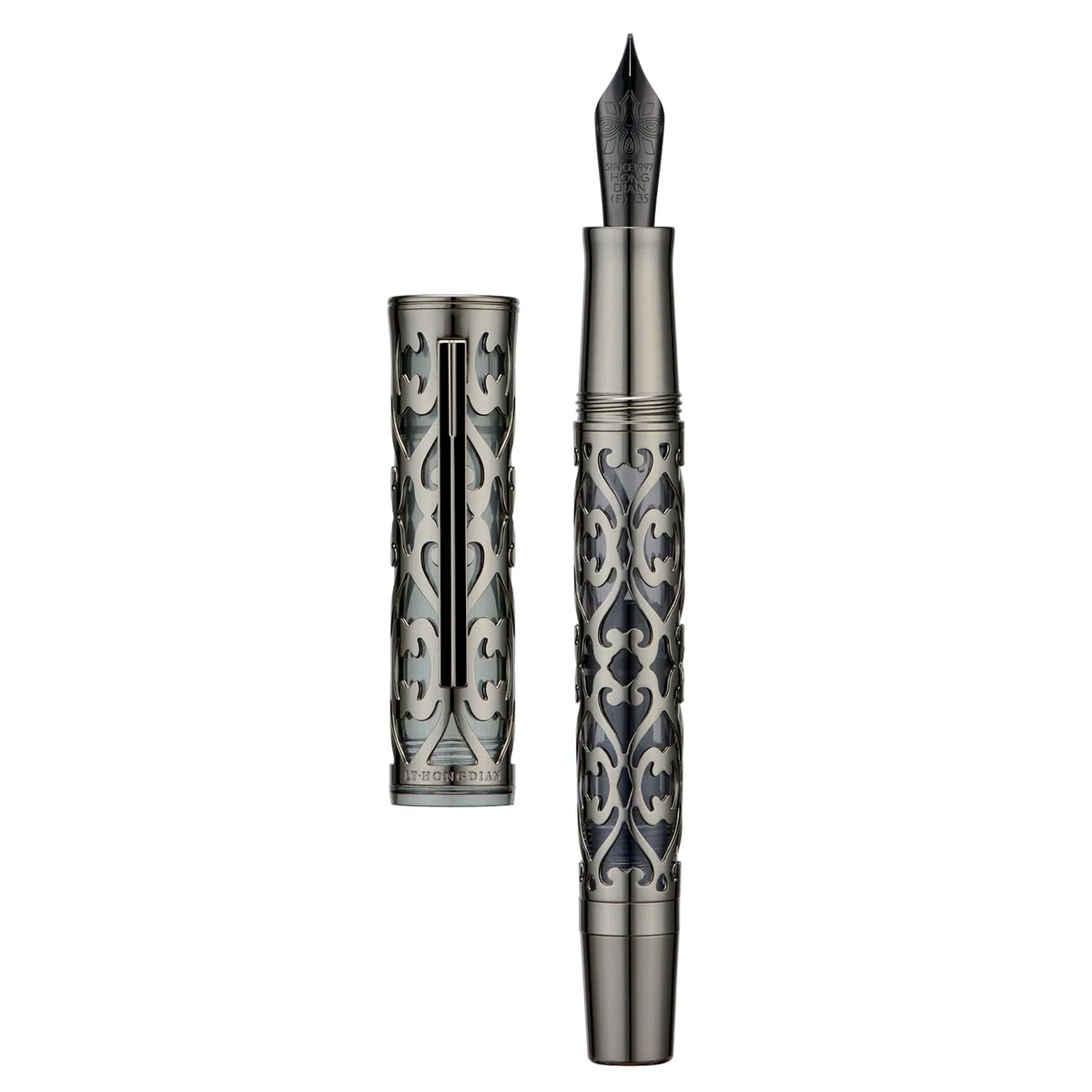 Hongdian D1 - Pluma estilográfica de émbolo, plumín fino y suave, esqueleto hueco negro azabache y pluma de resina, juego con estuche de metal
