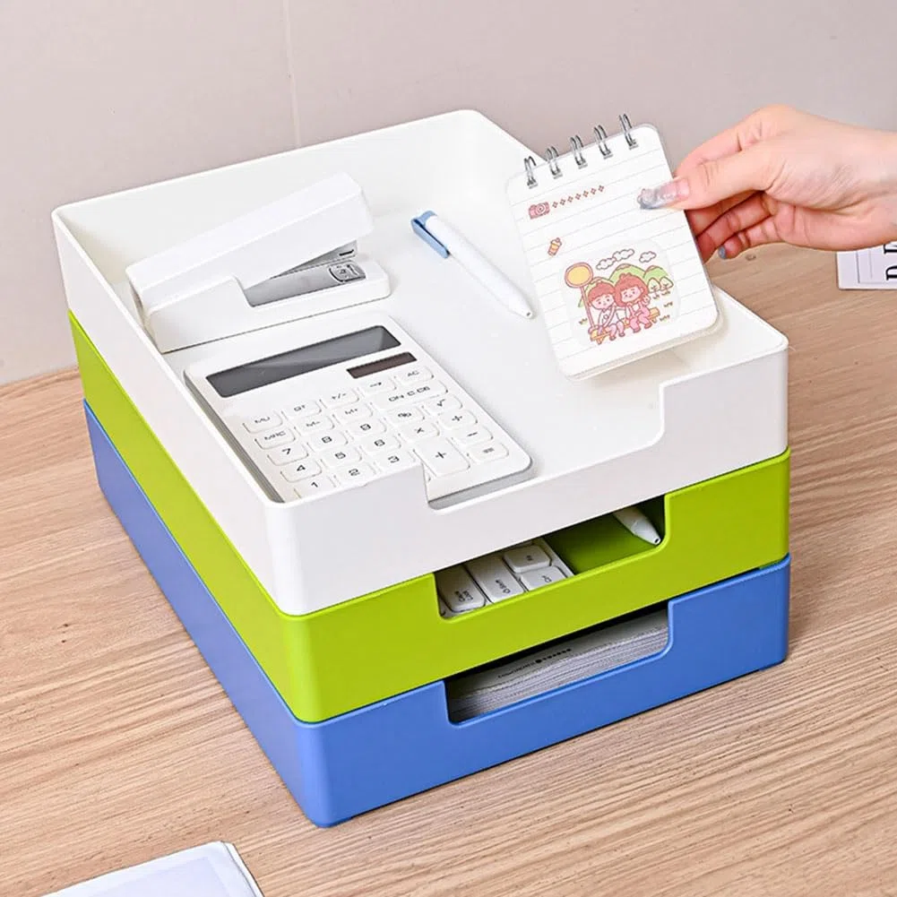 Bandeja organizadora de papel apilable para oficina y escuela, tamaño A4, con ranuras para papelería, 33 x 24,5 x 5,8 cm, 4 unidades