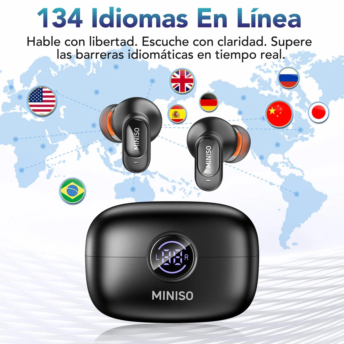 MINISO MS105 Auriculares de traducción en Tiempo Real con aplicación, 134 Idiomas, traductor de Auriculares en Tiempo Real, Auriculares Abiertos de 60H para iOS y Android, Viajes y Viajes
