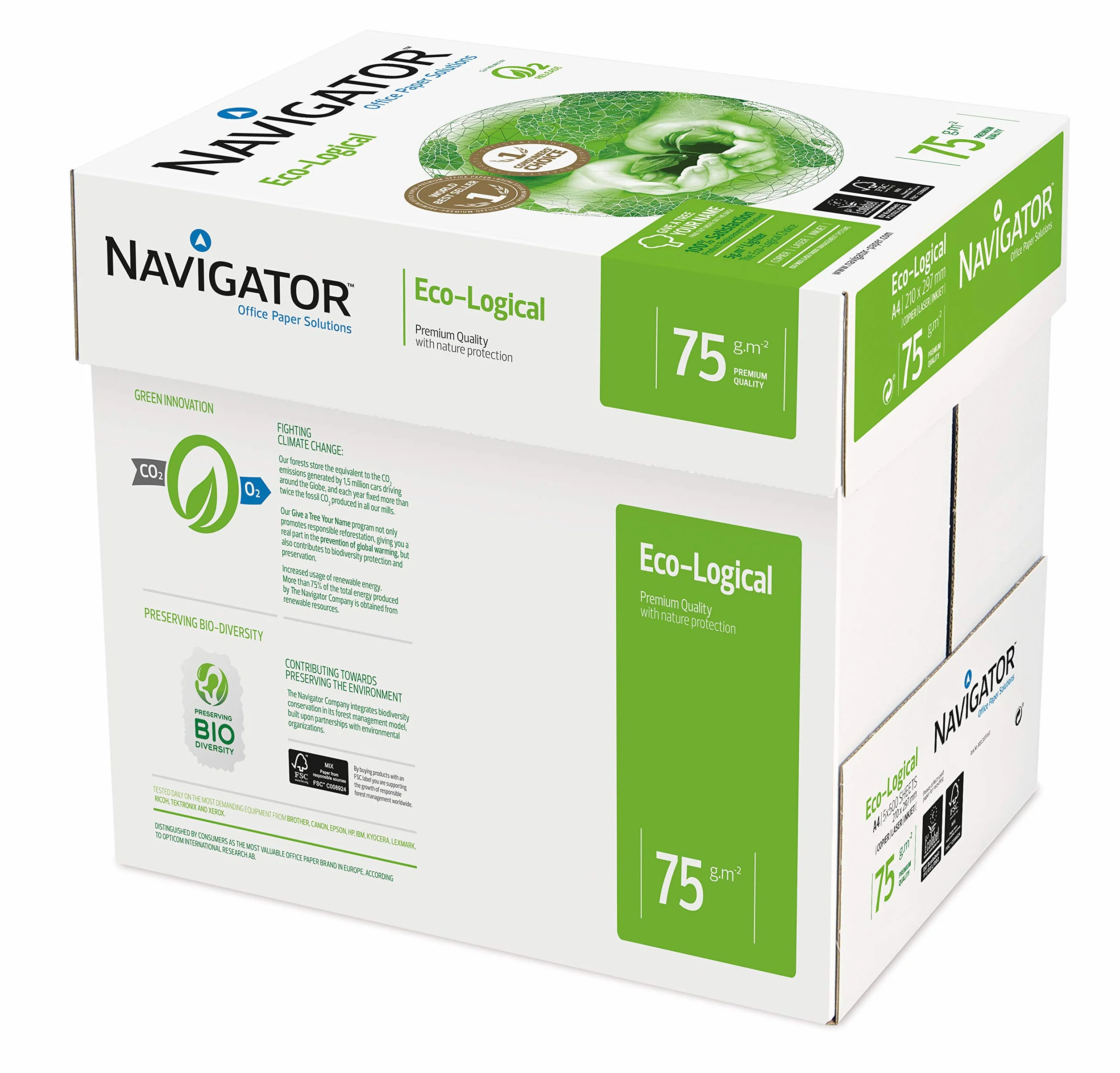 Navigator Eco-Logical - Papel de impresión 2500 hojas (A4, 5 x 500 hojas, 75 g/m2)
