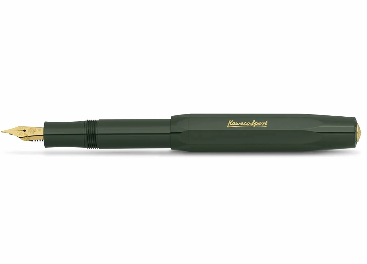 Kaweco Classic Sport Pluma estilogr?fica con plum?n de acero chapado en oro de 23 quilates y punta de iridio para cartuchos de tinta I Kaweco Sport de 13,5 cm (fino, verde)