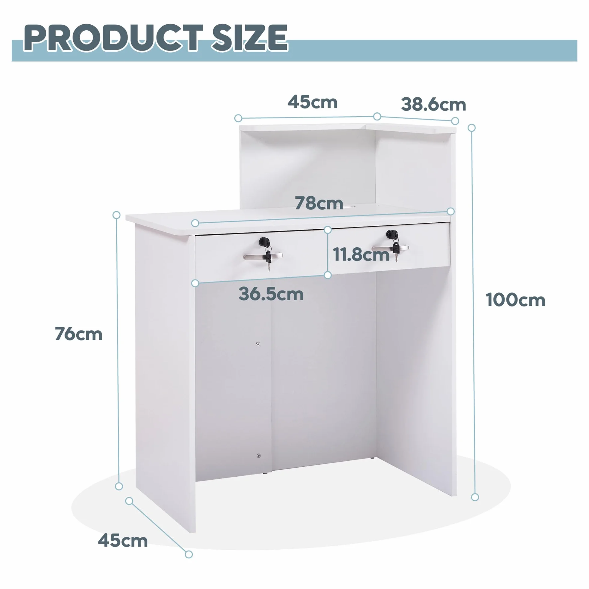 Mostrador de Recepción Moderno 80 cm MDF Cajón Cerradura Estantes Abiertos Escritorio Oficina