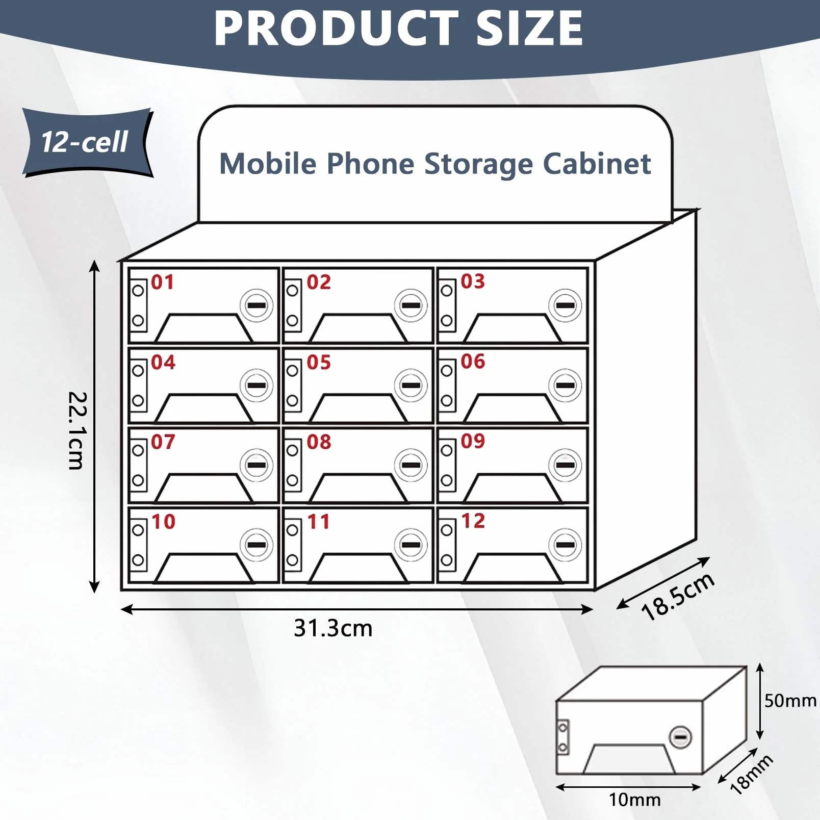 Guarda-Móviles 12 Compartimentos, Caja de Pared con Llave y Puerto Carga, Armario para Teléfonos Móviles