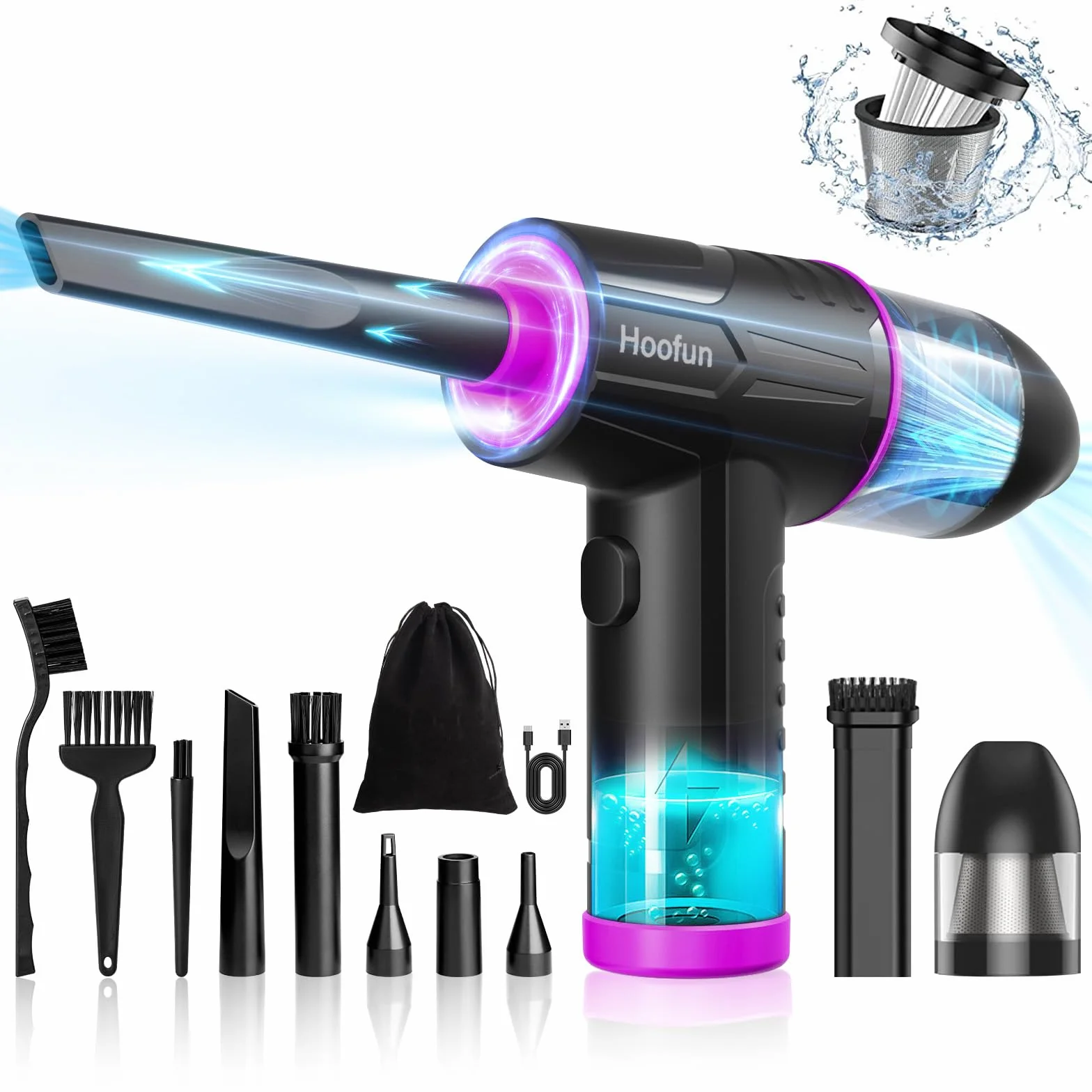 Hoofun Soplador de Polvo Eléctrico y Aspirador 2 en 1, 100000 RPM, 10Kpa Soplador Aspirador Portatil, 3 Velocidades Soplador Aire Comprimido Sin Cable con LED para PC, Sofá, Coches, Hogar 7600 m Ah