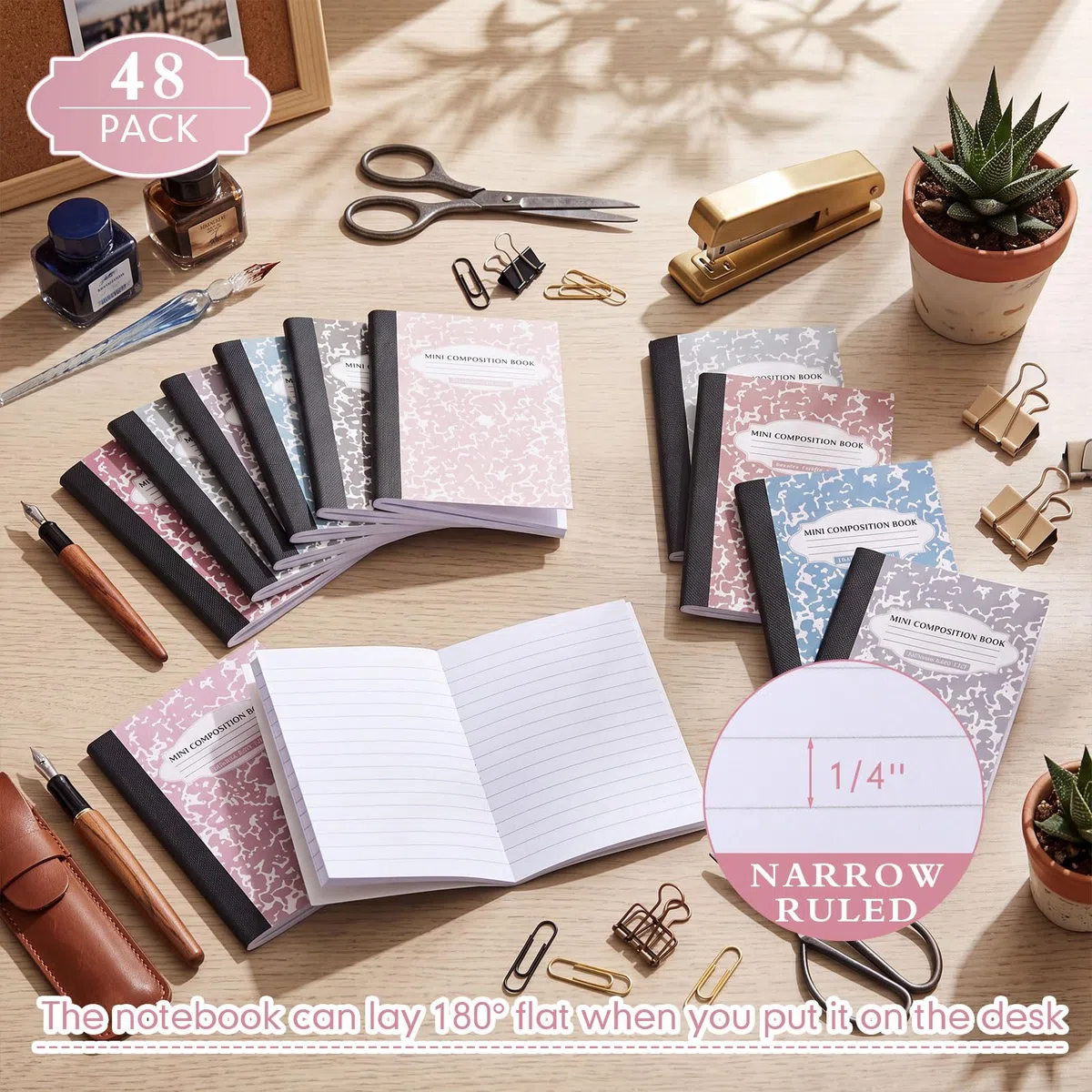 Colarr Paquete de 48 mini cuadernos de composición, cubiertas de mármol surtidas de 4.5 x 3.25 pulgadas, mini cuadernos de bolsillo con rayas estrechas para escuela, oficina, 120 páginas (60 hojas