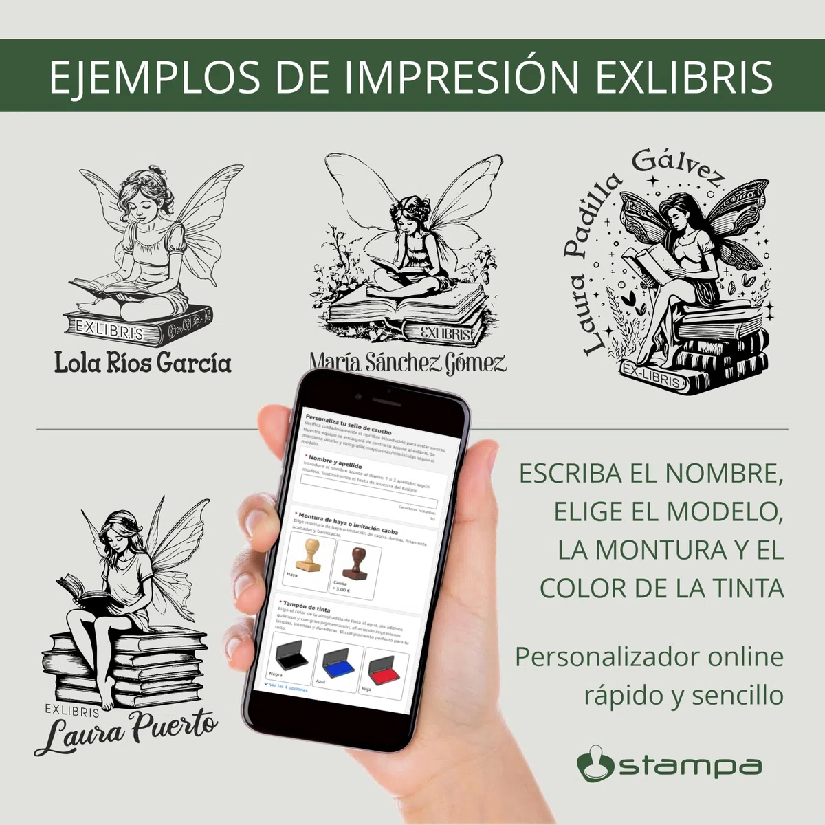 STAMPA | Ex Libris Personalizado Hada Leyendo – Sello para Libros con Nombre | Caucho Grabado Láser + Madera Haya/Caoba | Almohadilla de Tinta Negro/Azul/Rojo/Verde | Caja Regalo