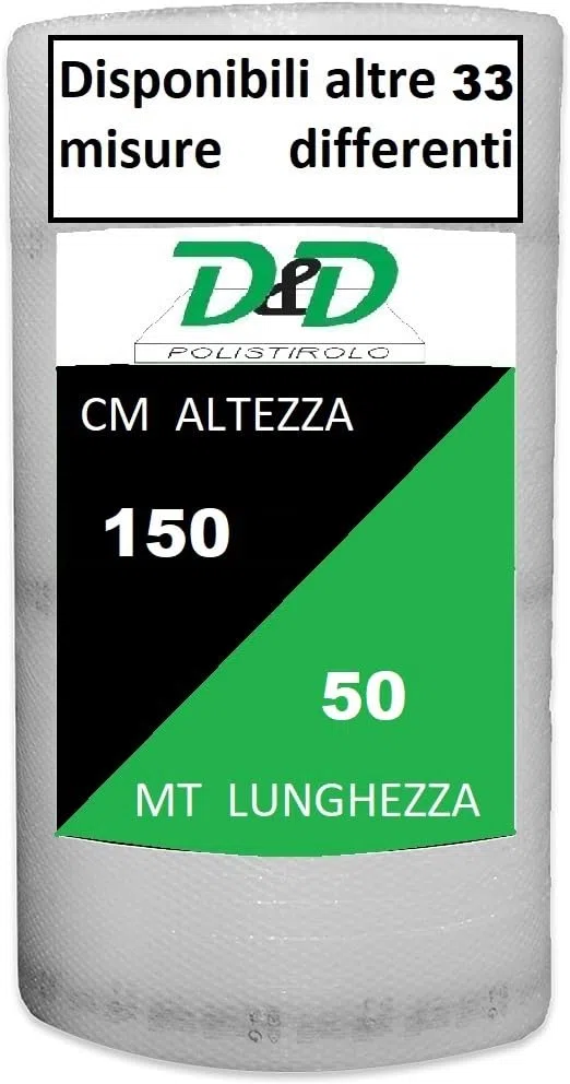 D. & D. Poliestireno de burbujas para embalaje y envío – Fabricado en Italia – Burbujas de aire para protección, relleno, embalaje de objetos en el transporte (H 150 cm x 50 mt/l)