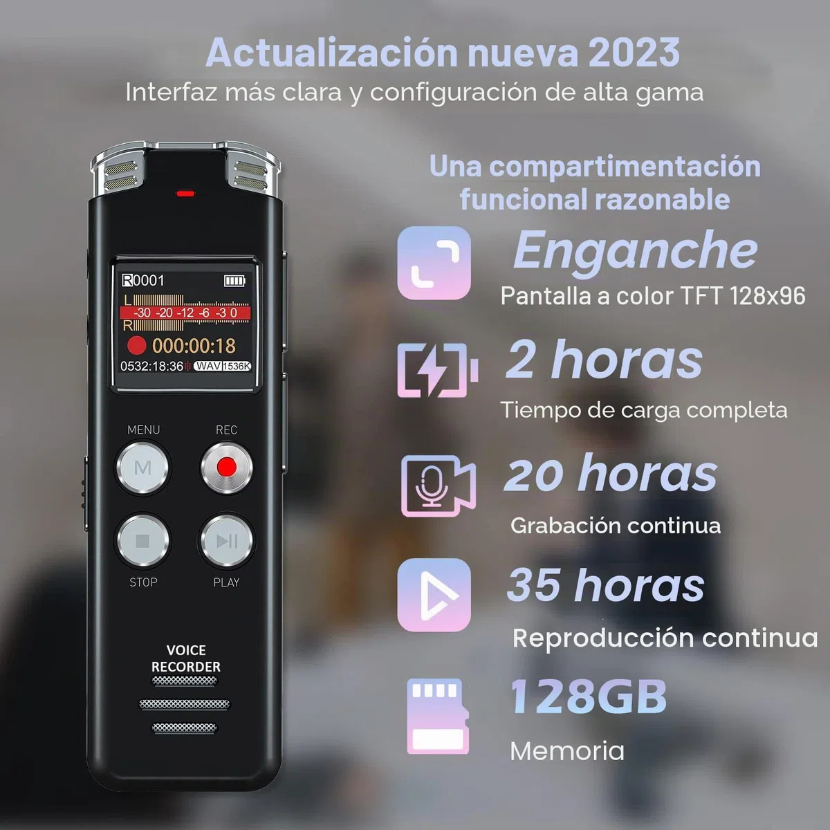 EVISTR Grabadora de Voz Digital 128GB - grabadoro de audio con control de voz y reducción de ruido - grabador dual MIC recargable para conferencias y reuniones
