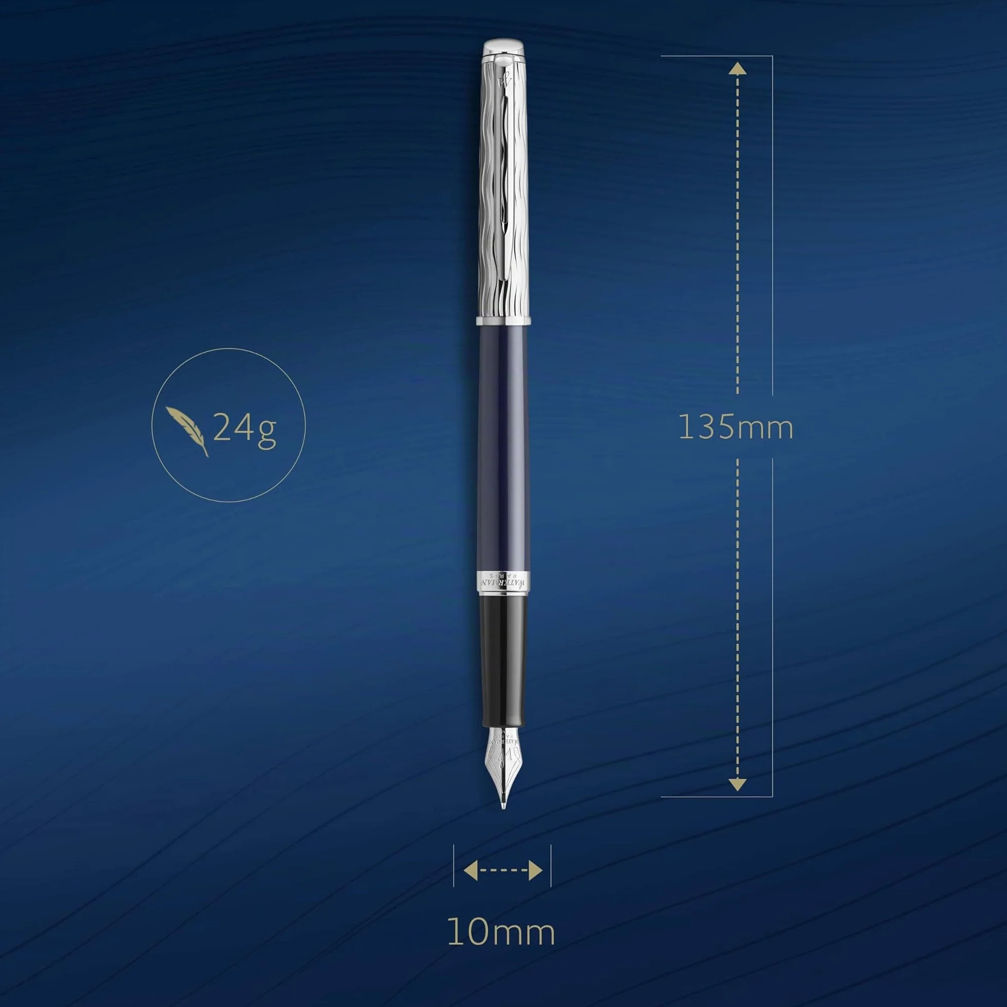 Waterman Hémisphère pluma estilográfica | Metalizada y lacada en azul | Capuchón labrado | Plumín fino de acero inoxidable | Tinta azul | Estuche de regalo