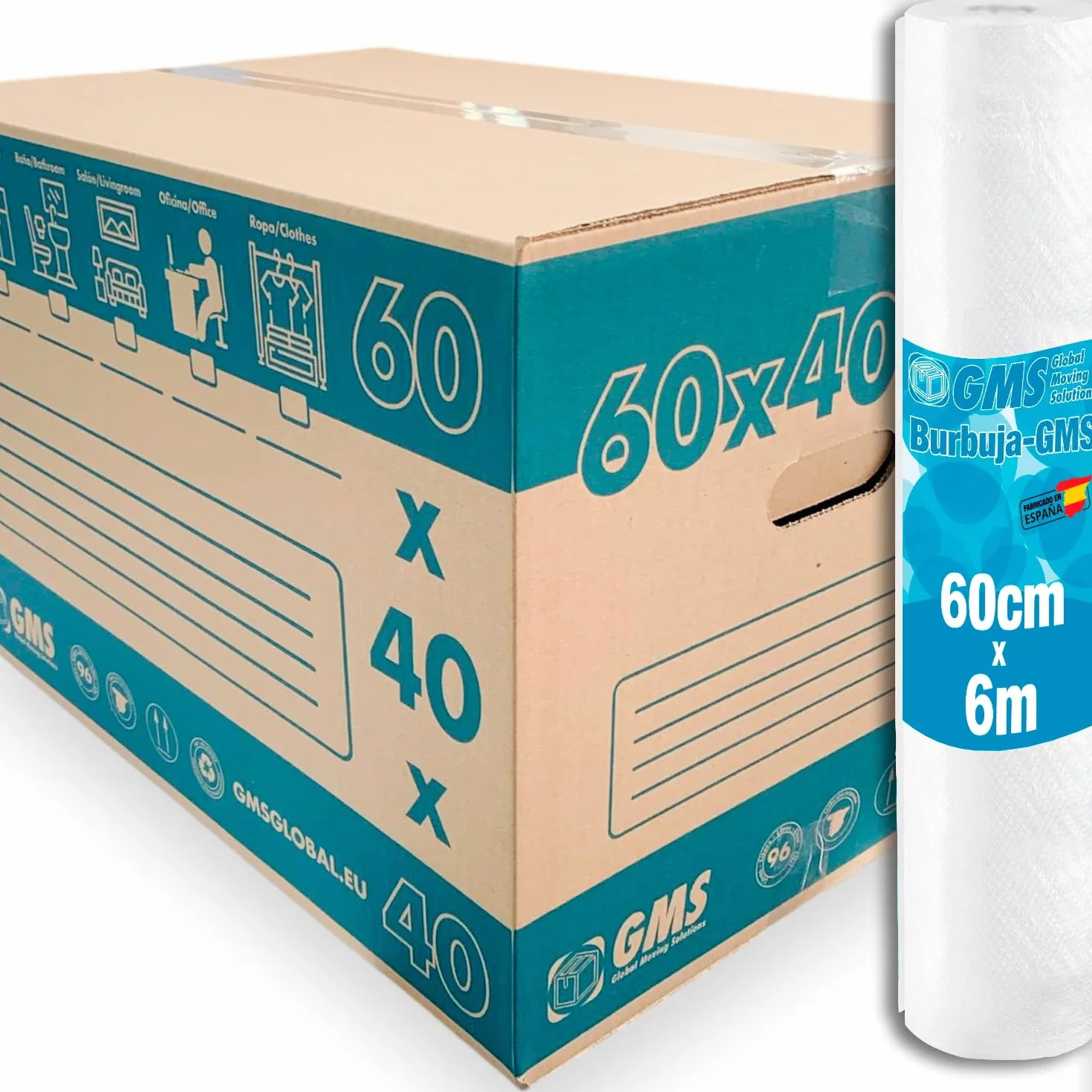 Cajas de Cartón Mudanza 60x40x40cm 96 Litros + Burbuja 6x0,6m Ultra Resistentes