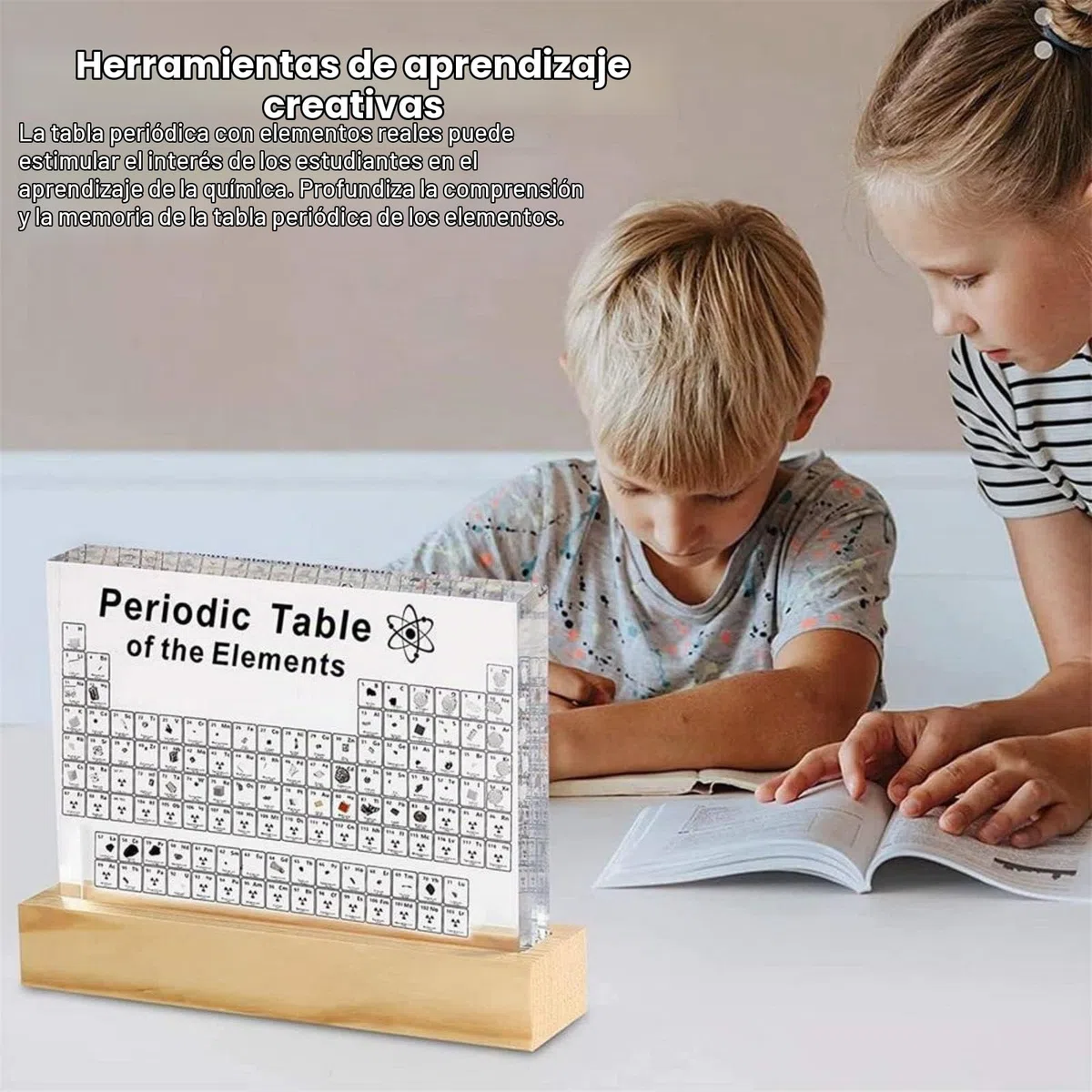 Mesa Periódica De Acrílico con 83 Real Elementos y base led de madera Tabla periódica de elementos Exhibición de Elementos Químicos para alumnos, profesores, aulas Tabla periodica de los elementos