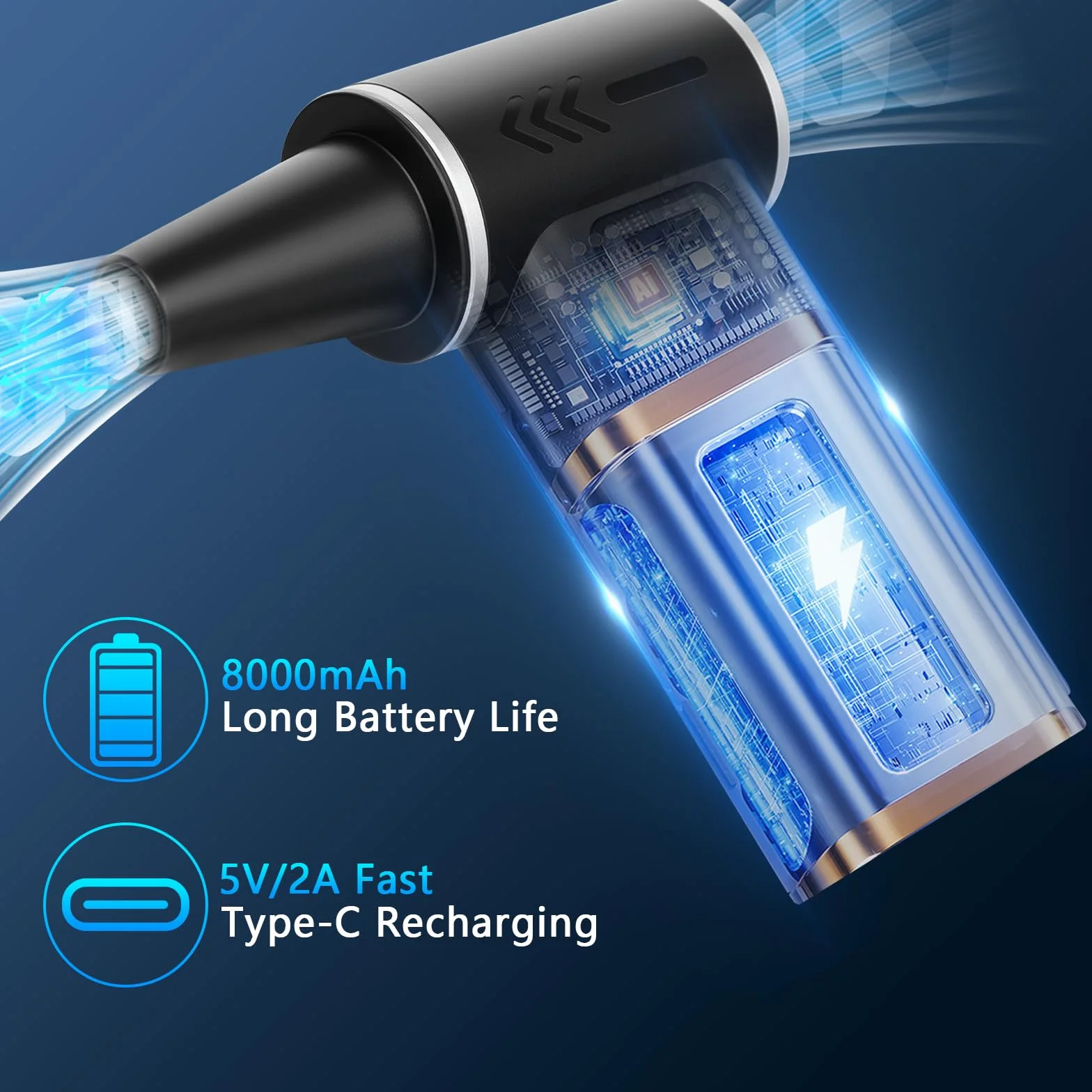 Soplador de Aire Comprimido 2 en 1 Soplador de Polvo Eléctrico y Aspirador 180000 RPM, Batería 8000mAh, 100 Niveles de Velocidad, Pantalla Digital, Limpieza de PC, Teclado y Coche, USB-C (Negro)