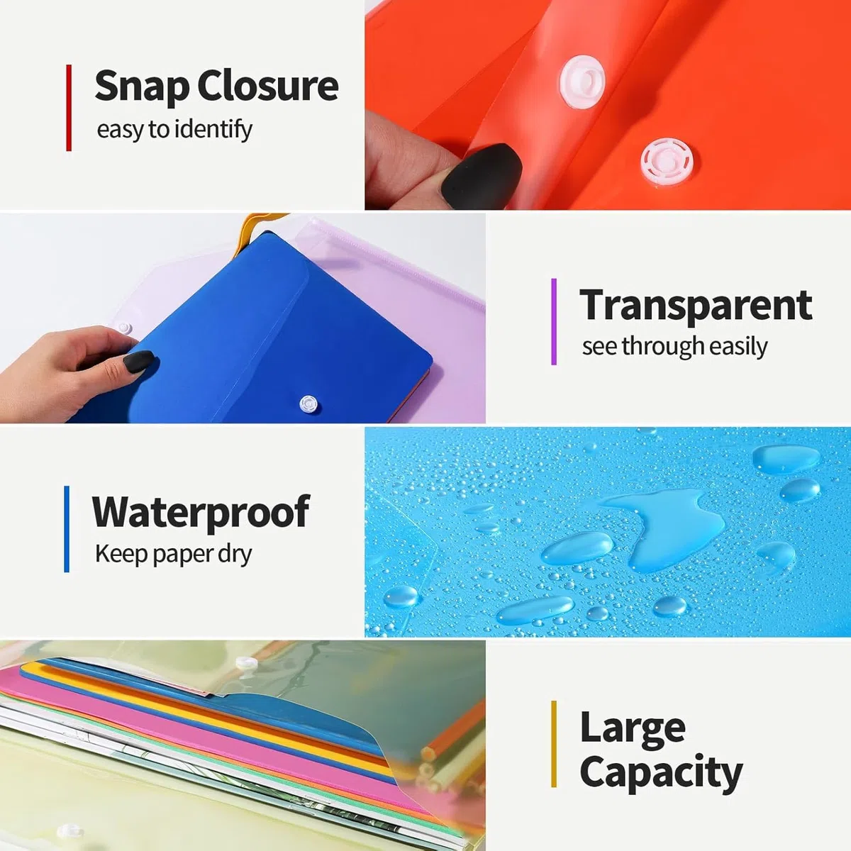 36 Piezas Carpeta Plastico A4, Carpeta Transparente Colorida, con Botón Carpeta para Documentos Plástico, Sobres Plastico para Archivador, Ideal para Oficina, Escuela y Hogar