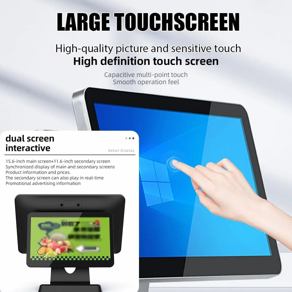 sistemas TPV con pantalla táctil para restaurantes y comercios minoristas | Caja registradora todo en uno con doble pantalla, procesador i3, 8 GB de RAM y SSD MSATA de 64 GB.