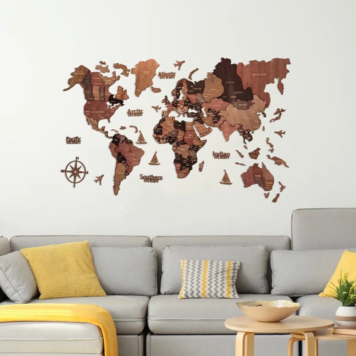 Mapa Decorativo para Pared, diseño de Estados del Mundo de Madera 3D | capitales, decoración escolar | Impresionante centro de mesa de madera cortada a gran escala, cinta de doble cara, fácil mont