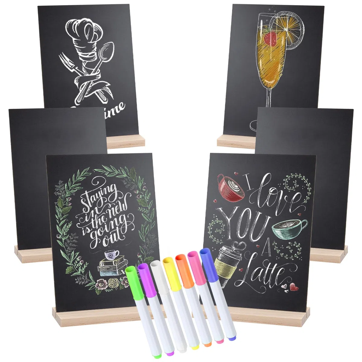 Juego de 6 letreros pequeños de pizarra, 6 x 9 pulgadas con soportes de base, letreros decorativos con 6 bolígrafos de acuarela
