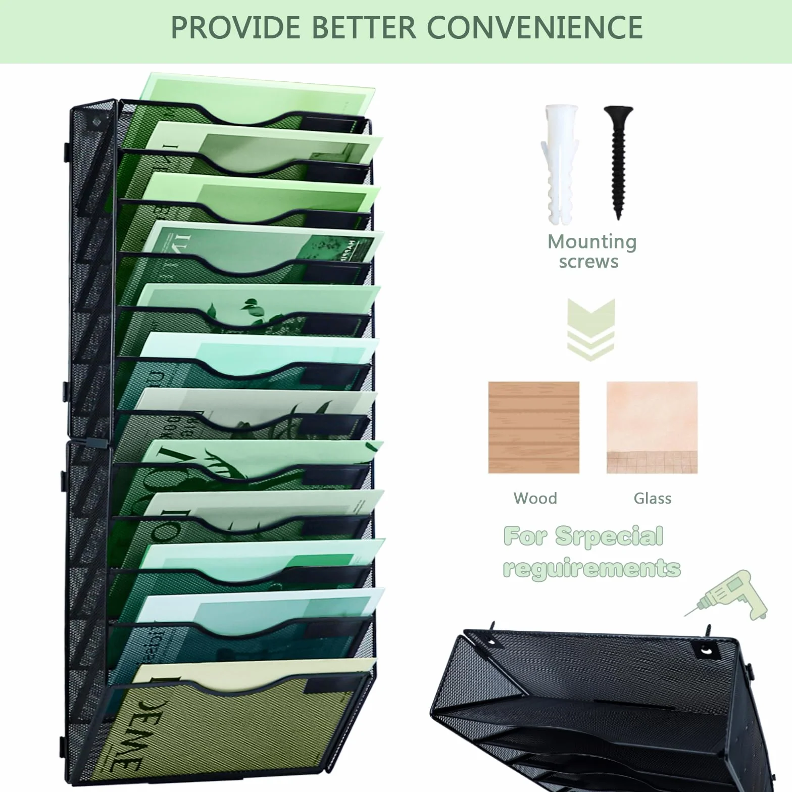 Organizador de archivos de pared vertical de malla 12 niveles negro