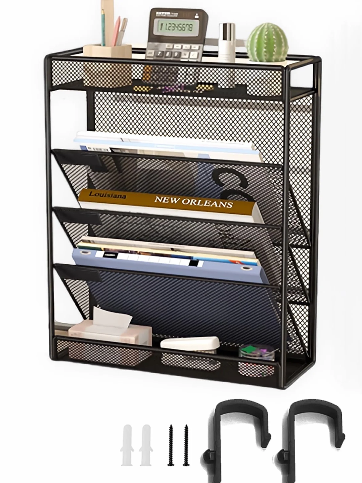 Organizador de archivos de pared de malla de 5 niveles, organizador colgante vertical de 3 bolsillos con bandeja superior/inferior | 2 ganchos | Montaje en pared y colgante de puerta para oficina y