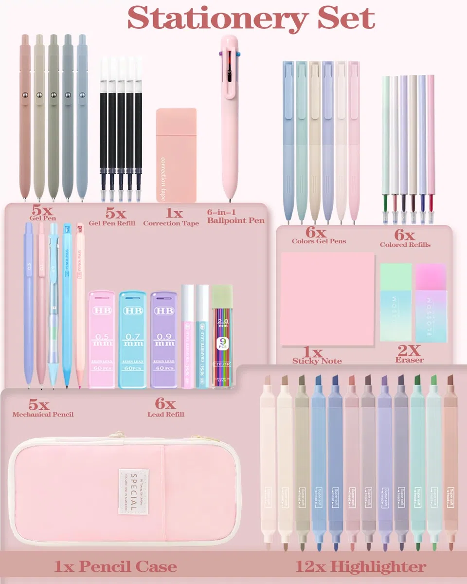 53 artículos escolares estéticos con bonito estuche, 12 resaltadores pastel, 5 bolígrafos negros y 6 bolígrafos de gel de tinta de color, bolígrafos, 4 lápices mecánicos de 0.5 a 2.0 mm, para juego de
