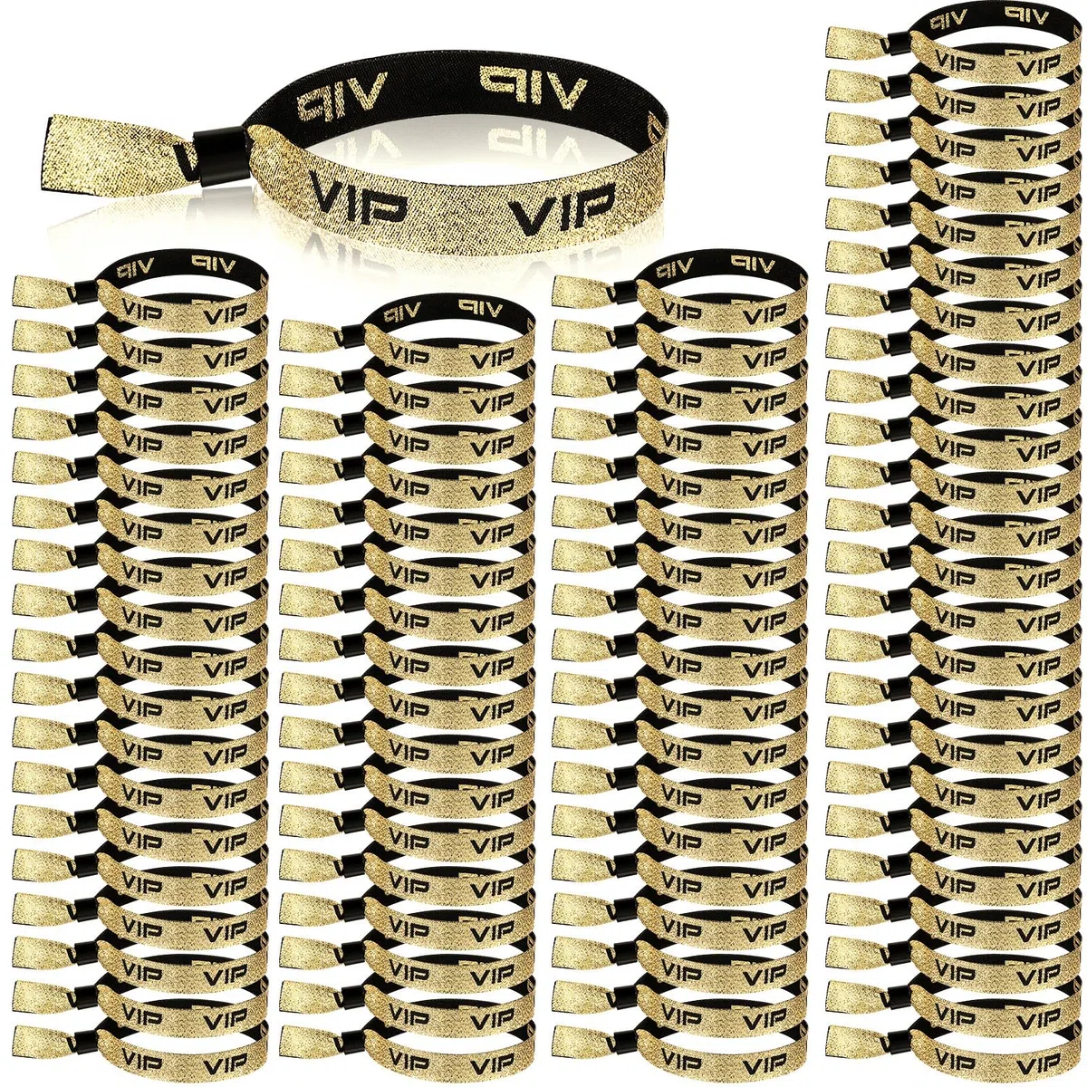 Aoriher 100 Pulseras de Identificación de VIP de Tela Banda de Entrada de VIP Cinta de Muñeca de Evento con Cierre Pulsera de Festival de Oro Negro para Fiesta Parque de Atracciones Concierto(Dorado)