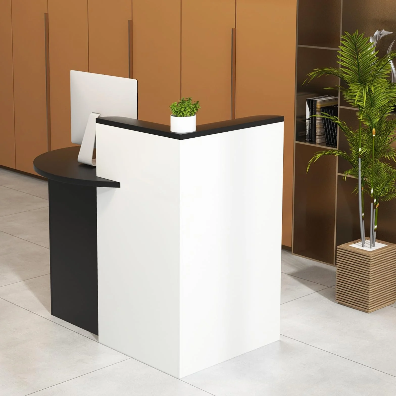 COSTWAY Escritorio de Recepción Ovalado con Cajón con Cerradura, Estante Ajustable, 120 x 70 x 100 cm, Negro