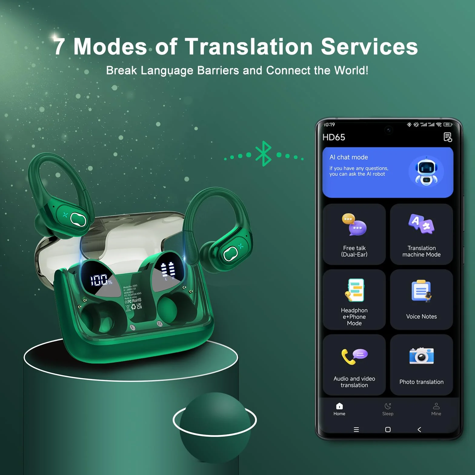 AI Auriculares Traductor en Tiempo Real(2026), 164 Idiomas y 6 Modos de Traducción, 3 in 1 AI Auriculares Traductor, Bluetooth 5.4 con ENC y App con para Viajes/Negocios/Aprendizaje/Reunirse Verde